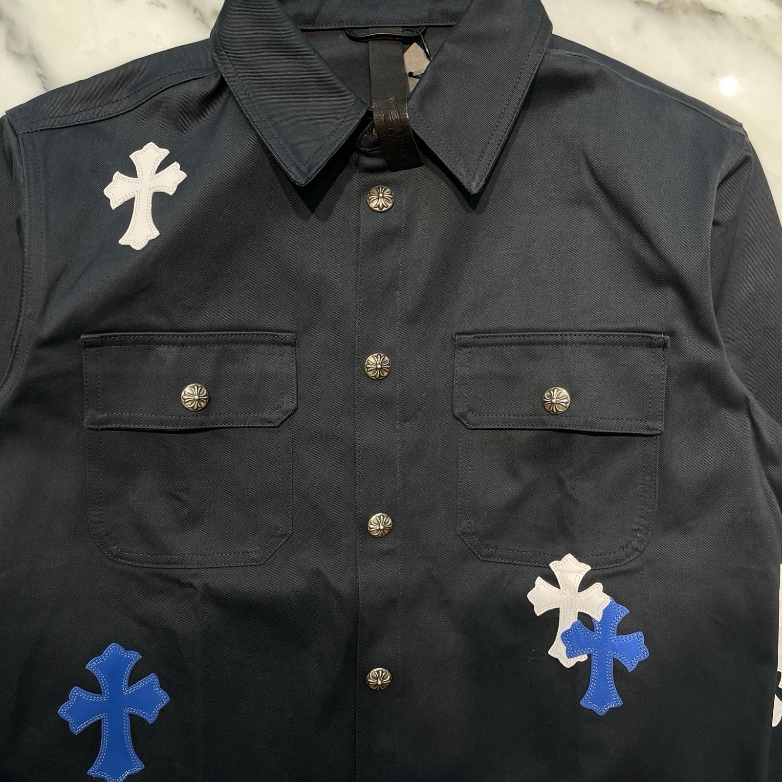 CHROME HEARTS Y NOT Work Dog Cross Patch Denim Shirt Jacket Size M クロムハーツ ワークドッグ クロスパッチ デニムシャツジャケット サイズM
