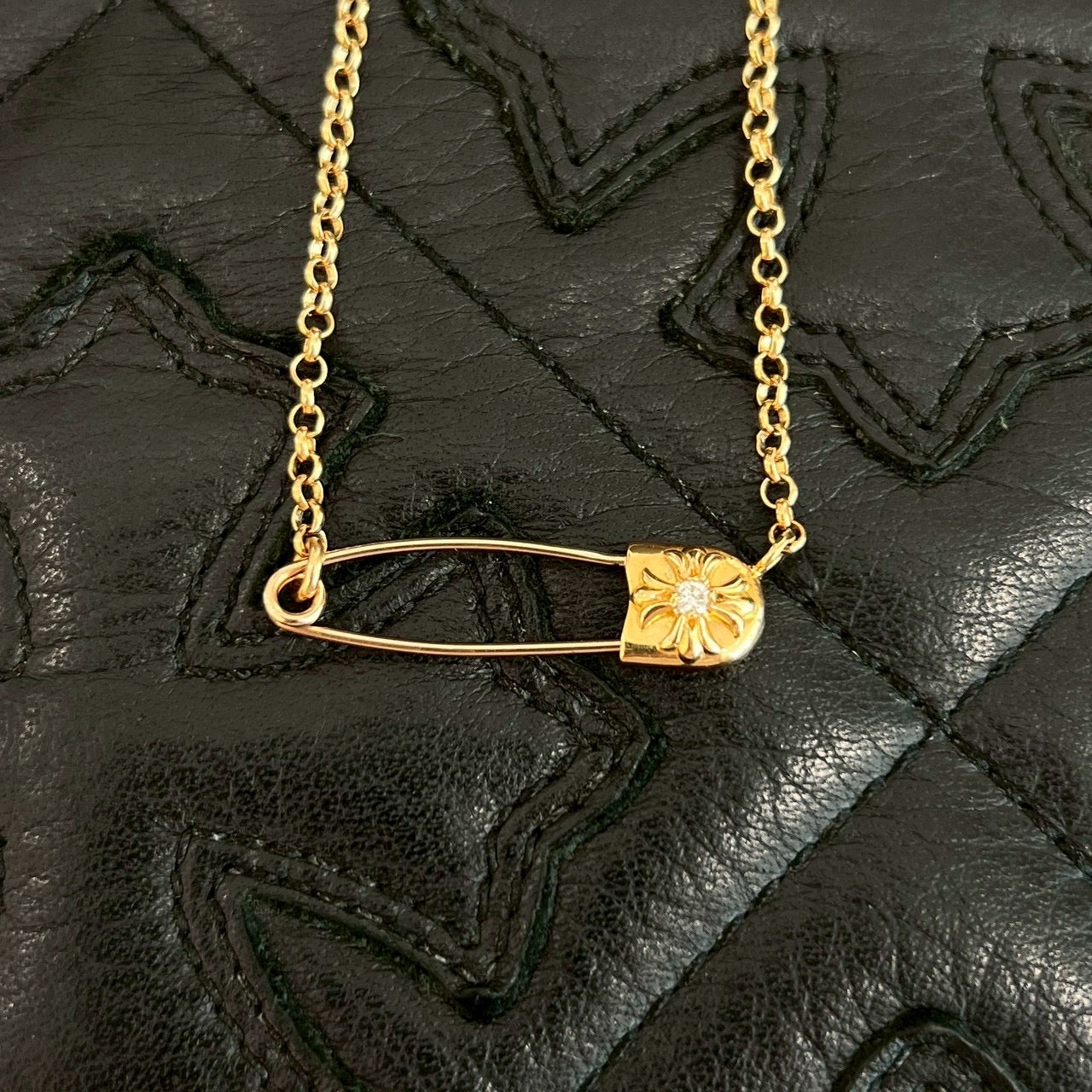 CHROME HEARTS 22K Safety Pin 1 Diamond Roll Chain Necklace Size 18 Inch クロムハーツ 22K セーフティピン 1ダイヤモンド ロールチェーン ネックレス 18インチ