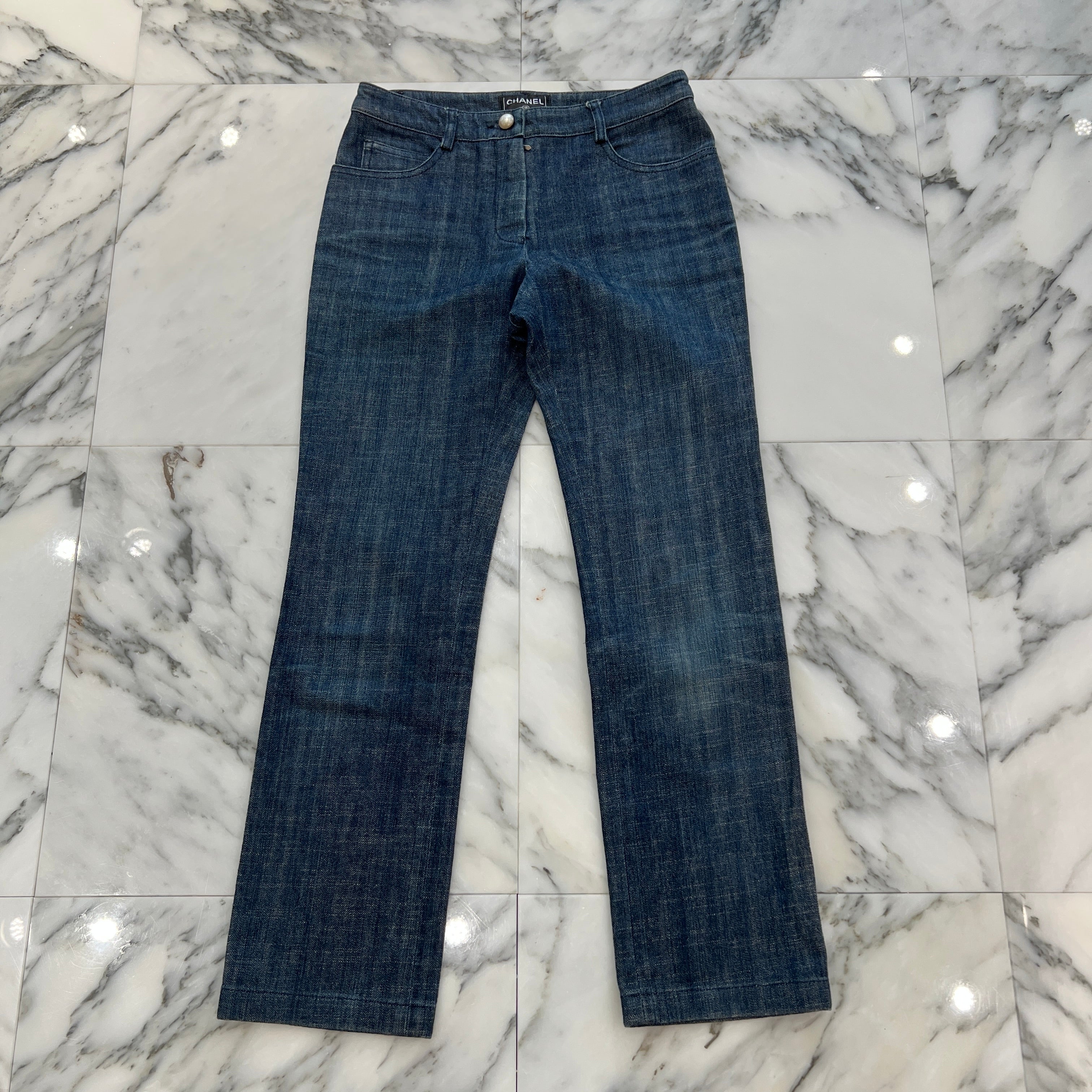 CHANEL Coco Button Pearl Rhinestone Denim Pants P25297 Size 34