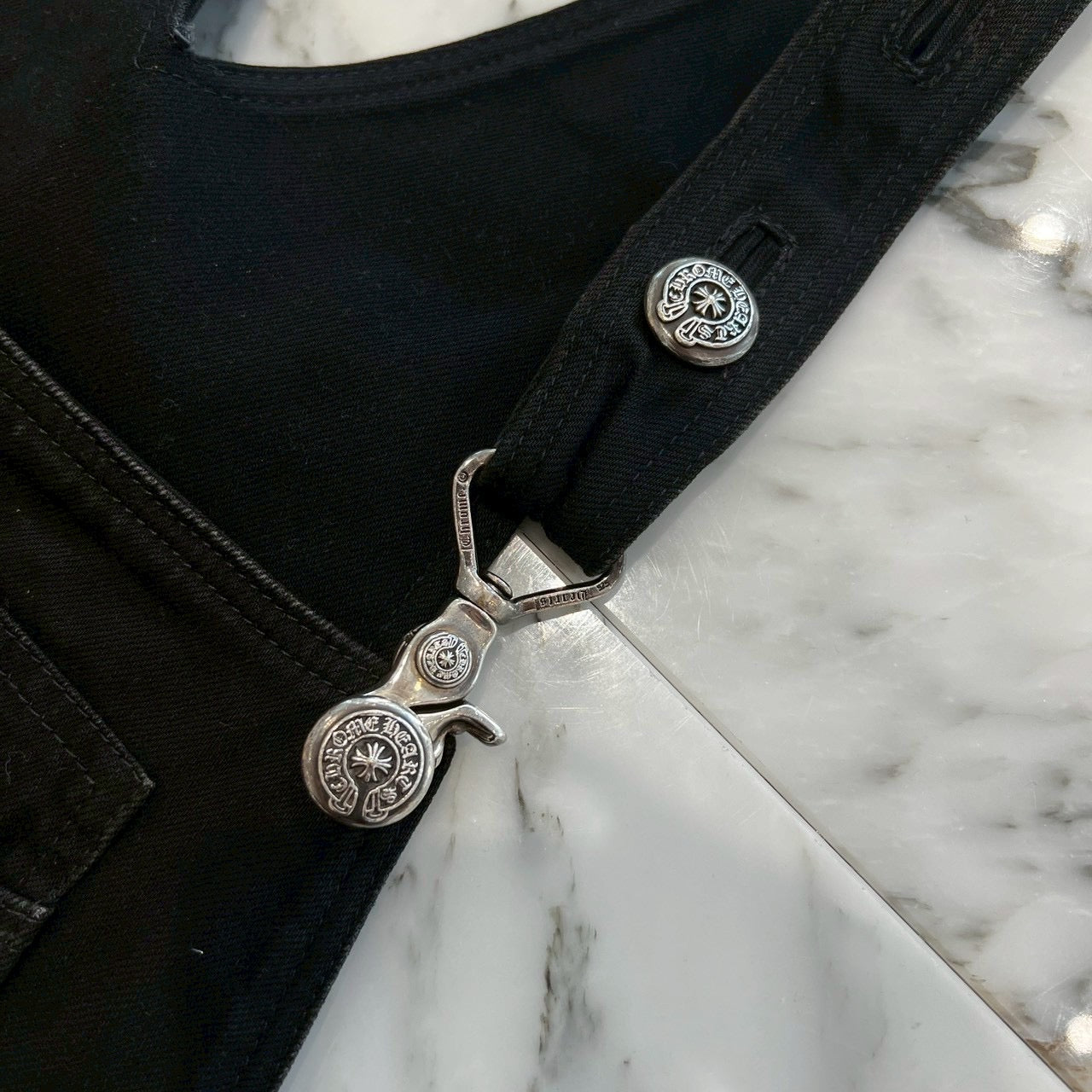 CHROME HEARTS Horseshoe Button Flare Knee Denim OVERALL Size 32 クロムハーツ ホースシューボタン フレアニー デニムオーバーオール サイズ32