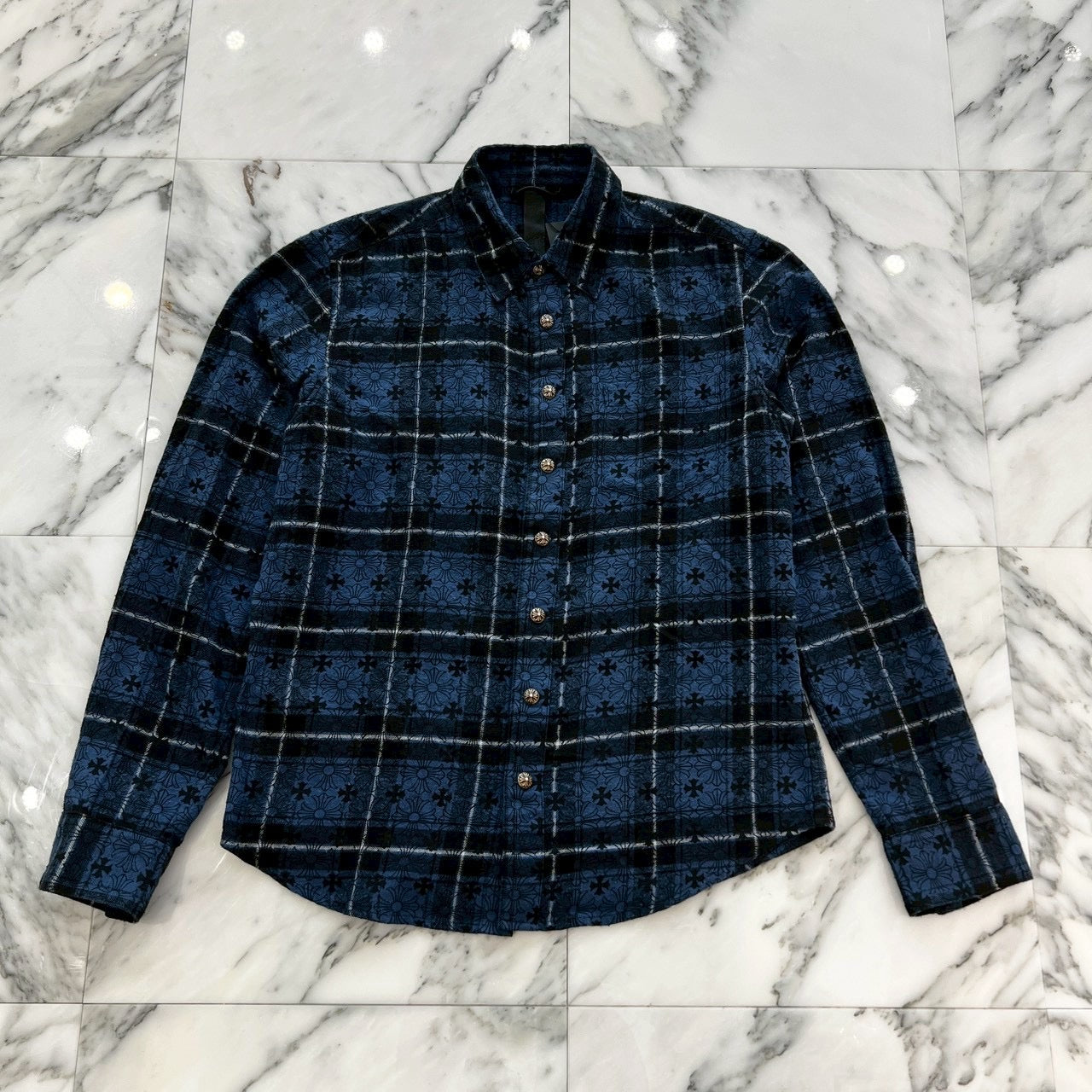 CHROME HEARTS Loose Ends Cross Leather Patch Check Shirt Size M クロムハーツ ルーズエンド クロスレザーパッチ チェック シャツ サイズM