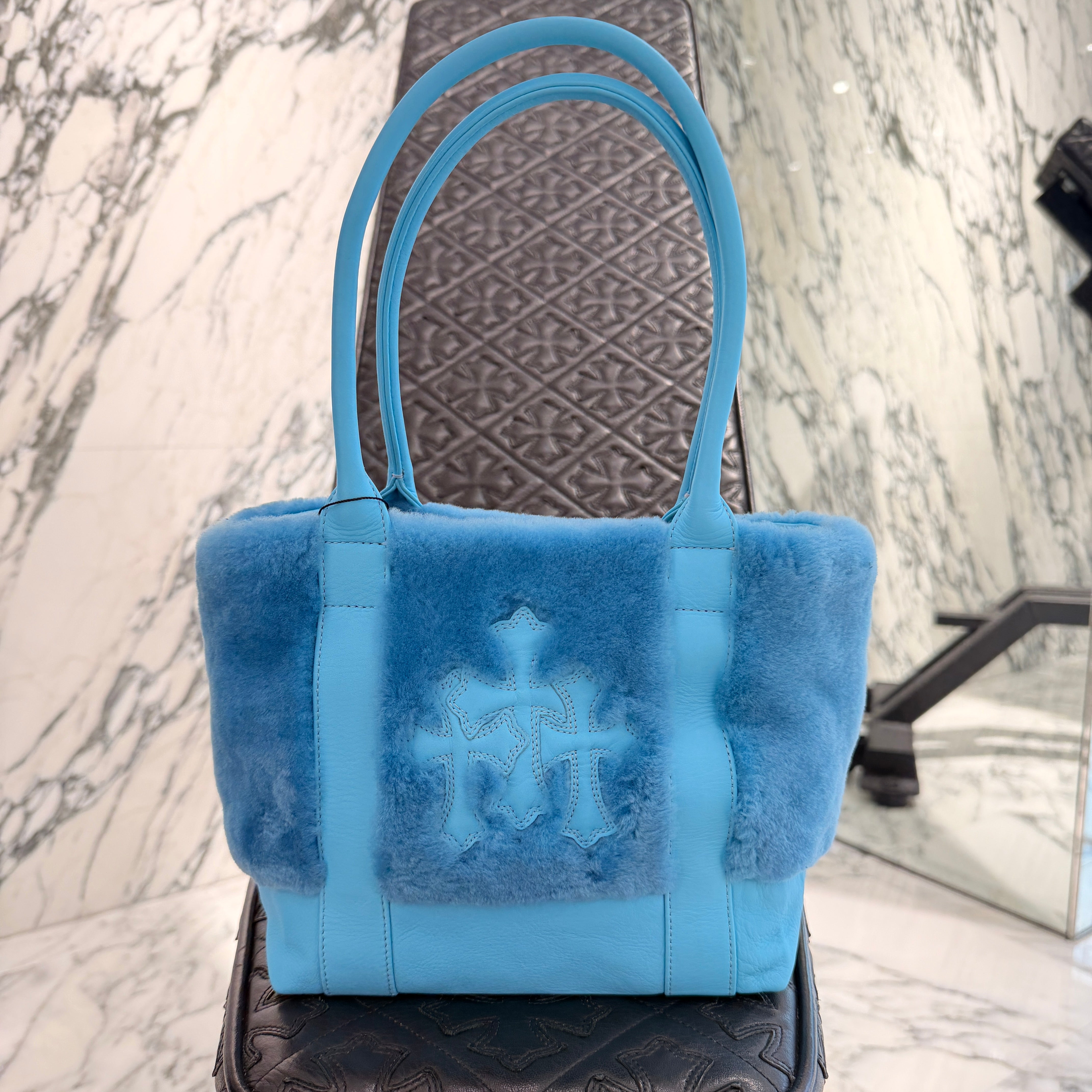 CHROME HEARTS Blue 3 Cemetery Cross Patch Fur Leather Tote Mini Bag クロムハーツ ブルー3セメタリークロスパッチ ファーレザートートミニバッグ