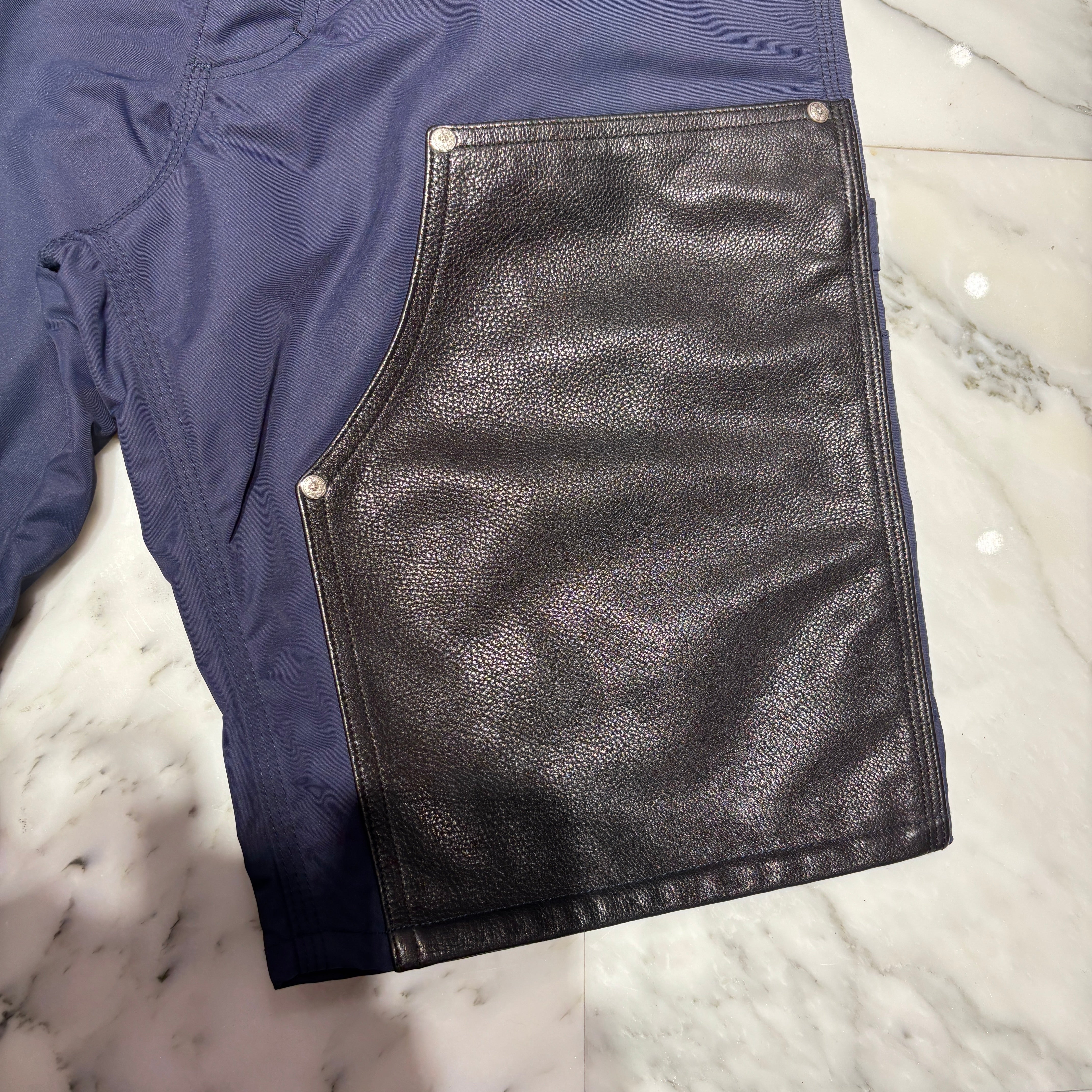 CHROME HEARTS Carpenter Leather Double Knee Leather Cross Patch Nylon Half Pants Size 32 クロムハ―ツ カーペンター レザーダブルニー レザークロスパッチ  ナイロンハーフパンツ サイズ32