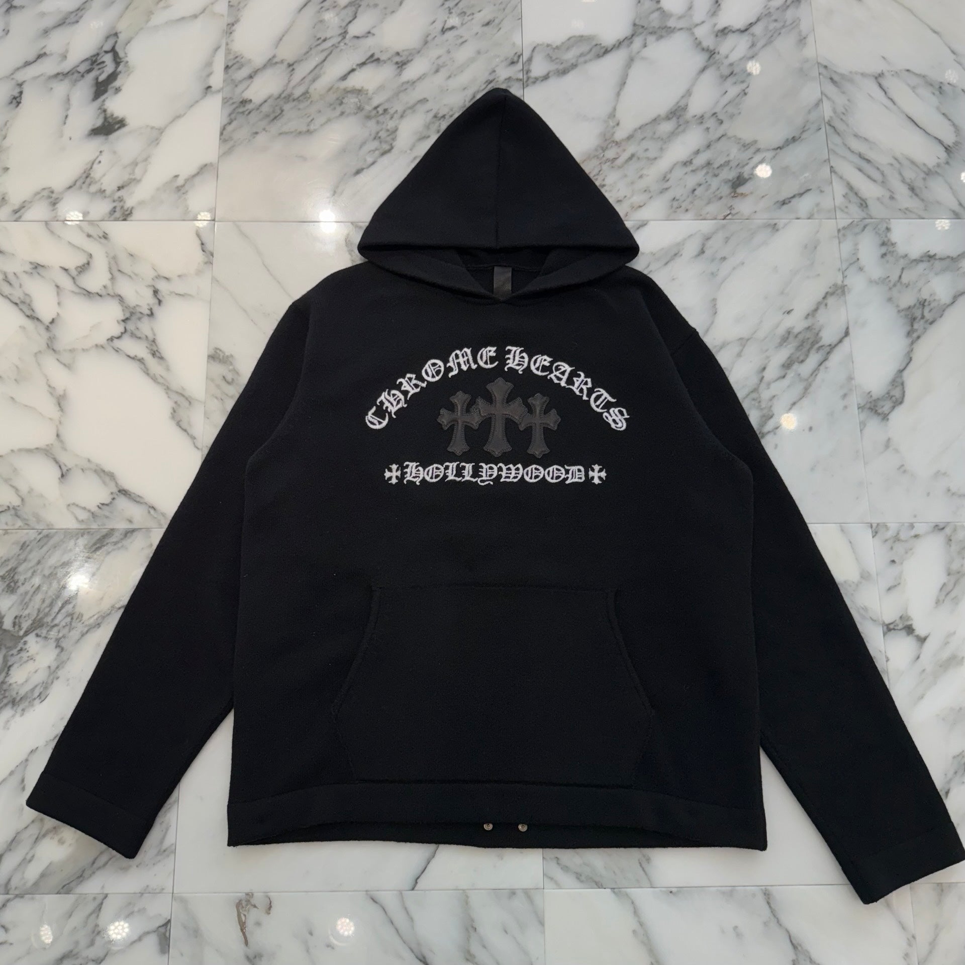 CHROME HEARTS Y NOT King Taco 3 Cemetery Cross Leather Patch Cashmere Knit Pullover Hoodie Size L クロムハーツ ワイノット キングタコ 3セメタリークロス レザークロスパッチ カシミヤ ニット プルオーバーフーディー サイズL