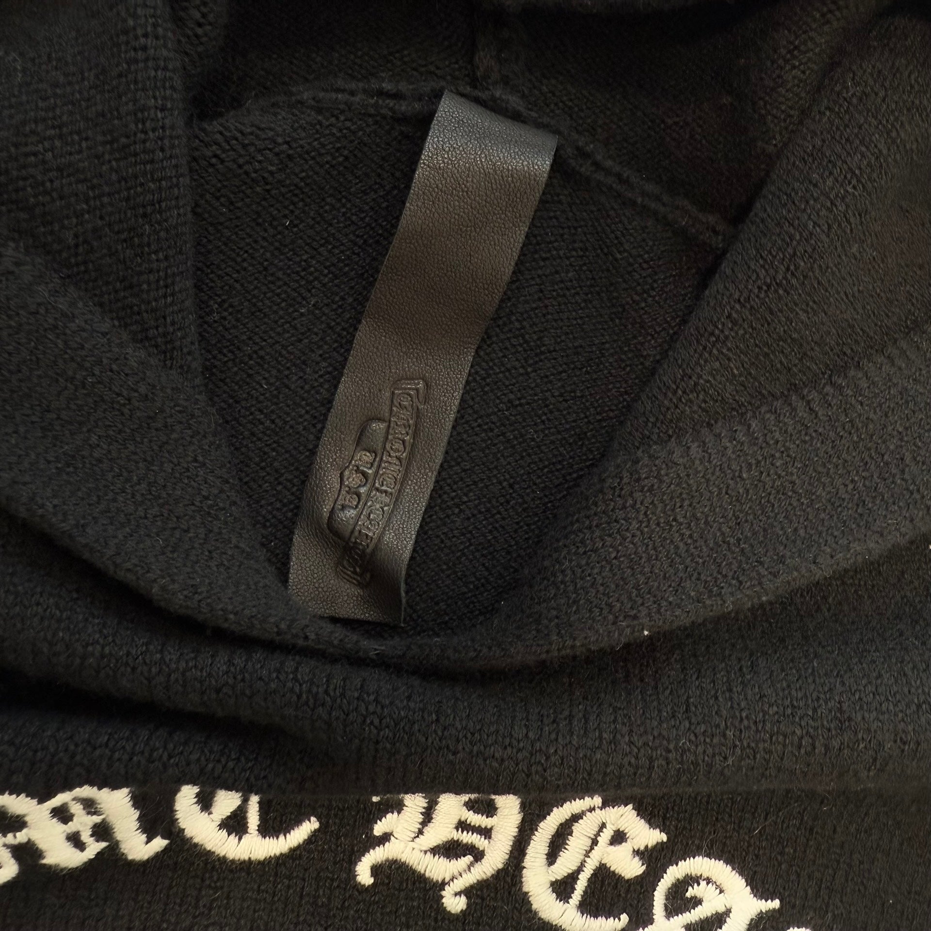 CHROME HEARTS Y NOT King Taco 3 Cemetery Cross Leather Patch Cashmere Knit Pullover Hoodie Size L クロムハーツ ワイノット キングタコ 3セメタリークロス レザークロスパッチ カシミヤ ニット プルオーバーフーディー サイズL