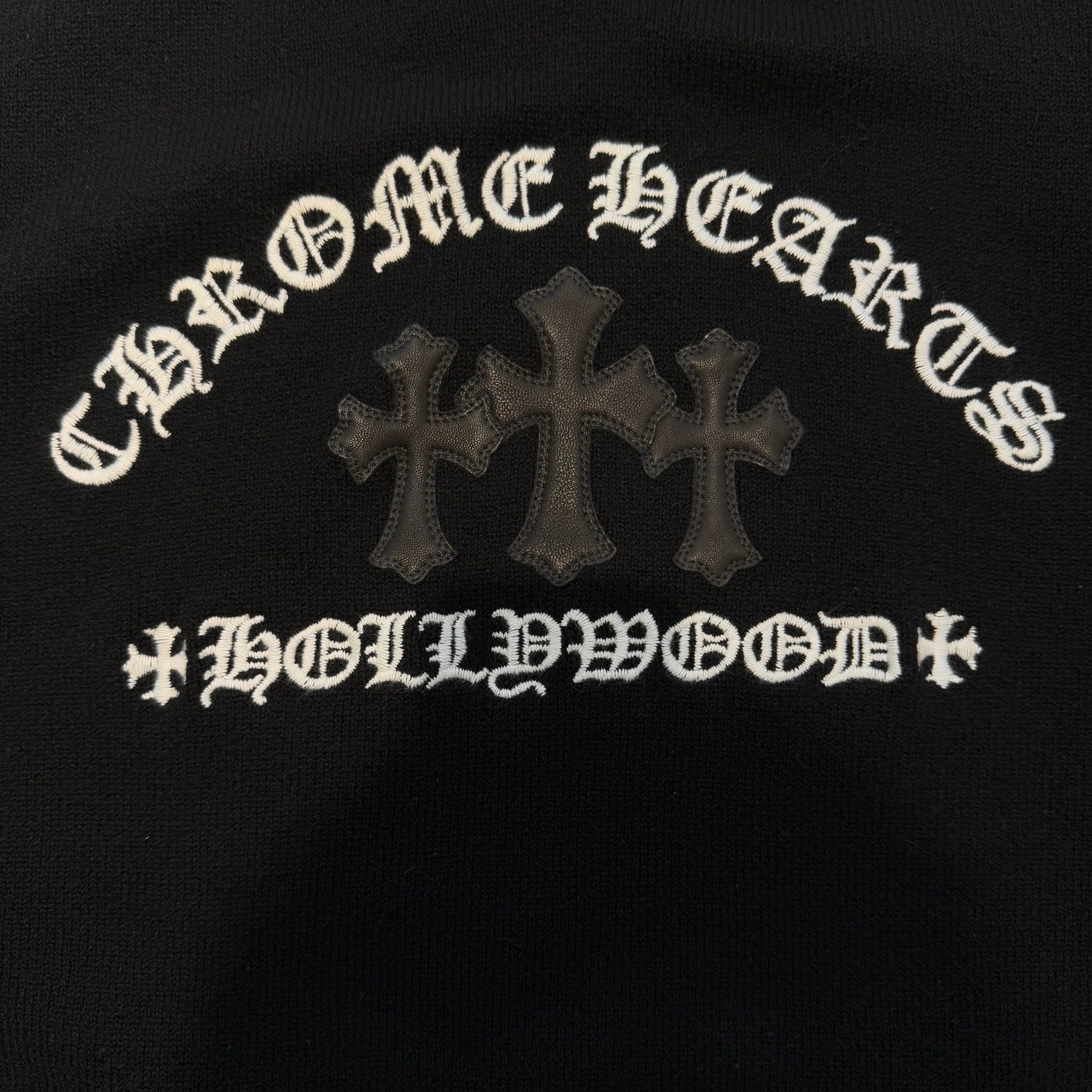 CHROME HEARTS Y NOT King Taco 3 Cemetery Cross Leather Patch Cashmere Knit Pullover Hoodie Size L クロムハーツ ワイノット キングタコ 3セメタリークロス レザークロスパッチ カシミヤ ニット プルオーバーフーディー サイズL