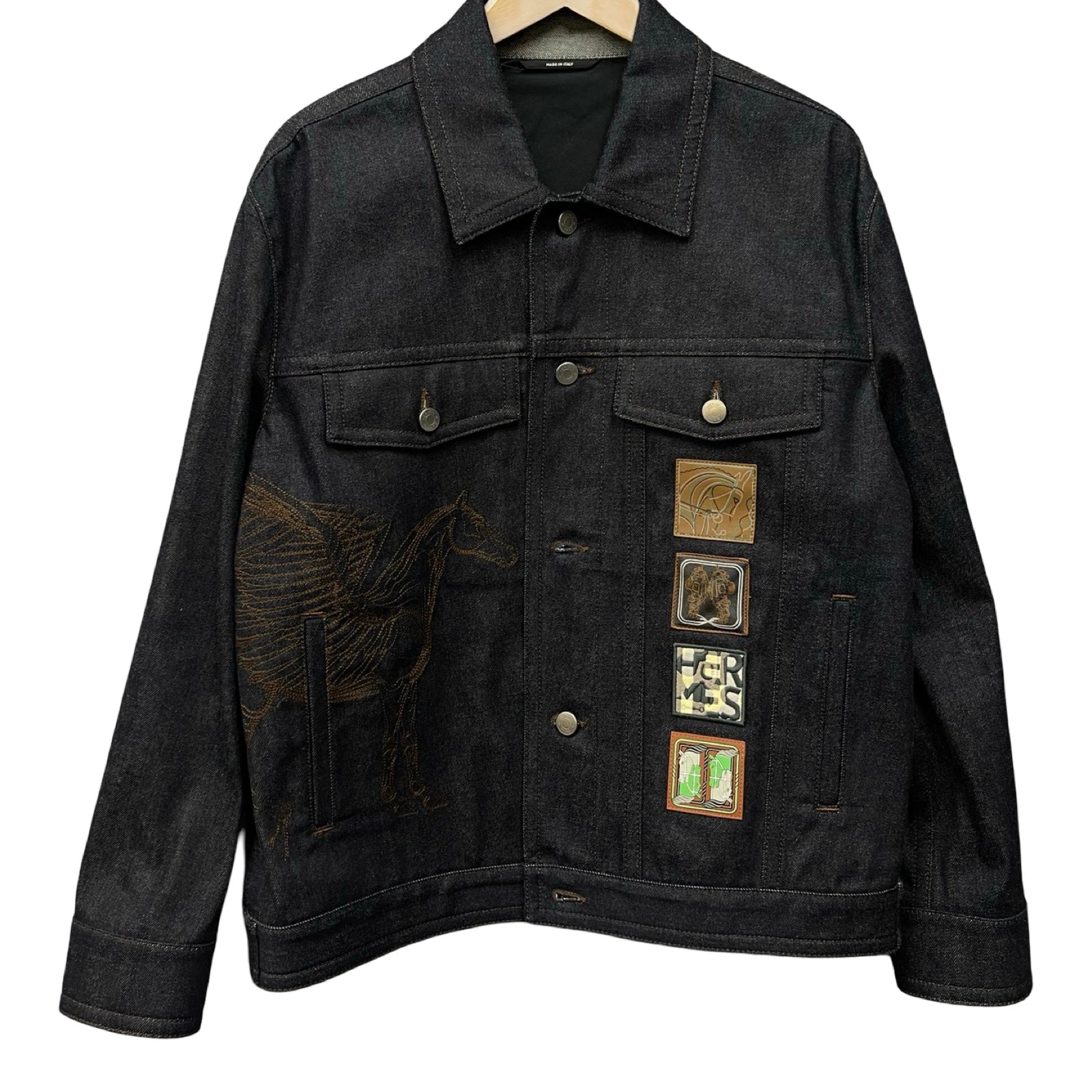 HERMES 2023SS Icon O-Carre Stitched Patch Embellished Denim Jacket H352180HM6050 Size 52