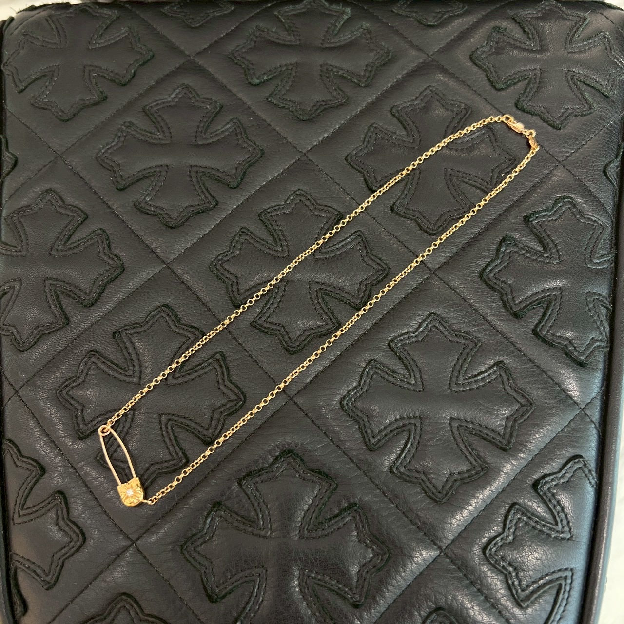 CHROME HEARTS 22K Safety Pin 1 Diamond Roll Chain Necklace Size 18 Inch クロムハーツ 22K セーフティピン 1ダイヤモンド ロールチェーン ネックレス 18インチ
