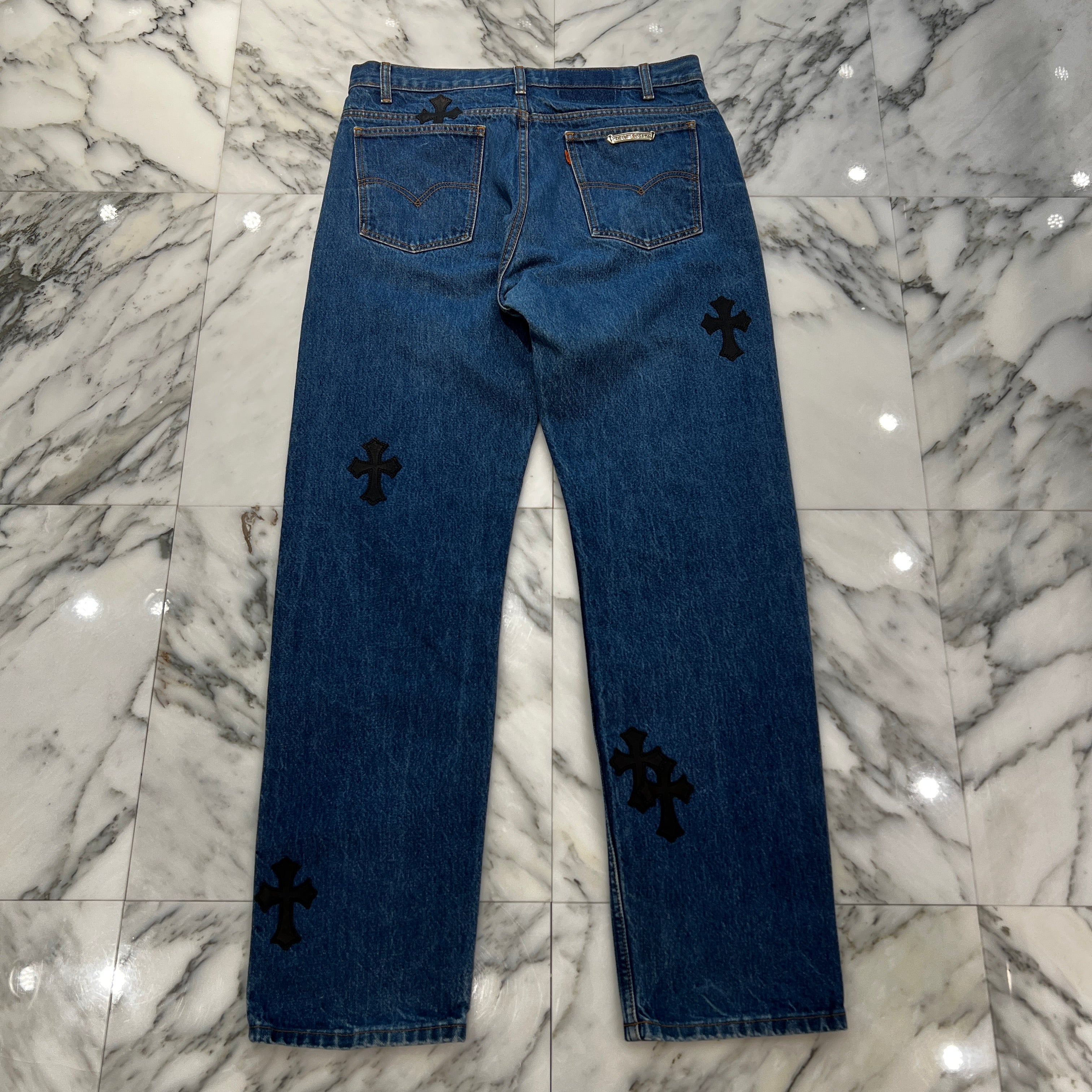 CHROME HEARTS × Levi's 505 VNTG Cemetery Leather Cross Patch Denim Pants Size 34 クロムハーツ × リーバイス 505 ヴィンテージ セメタリーレザークロスパッチ デニムパンツ サイズ34