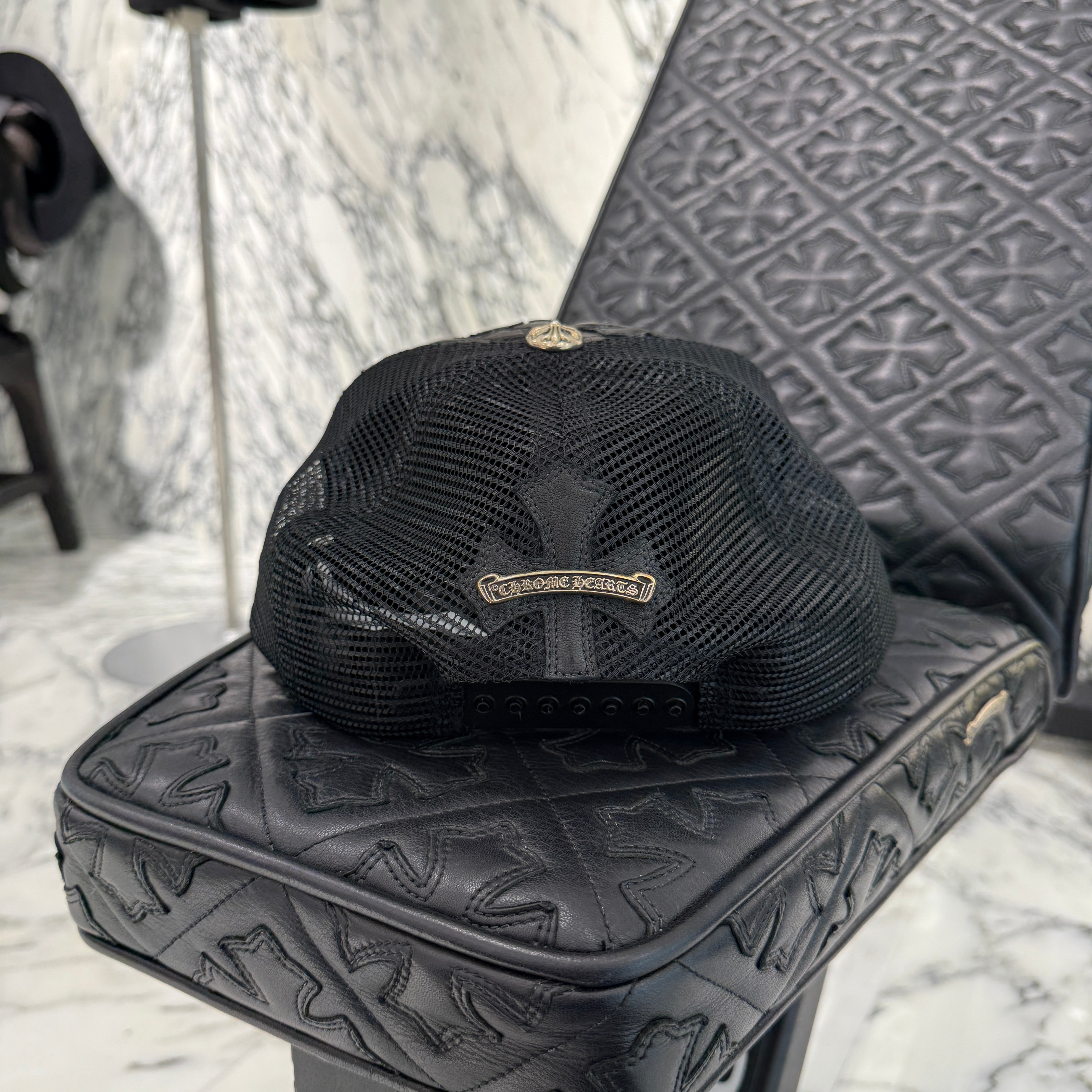 CHROME HEARTS Cemetary Cross Leather Patch Trucker Cap Size