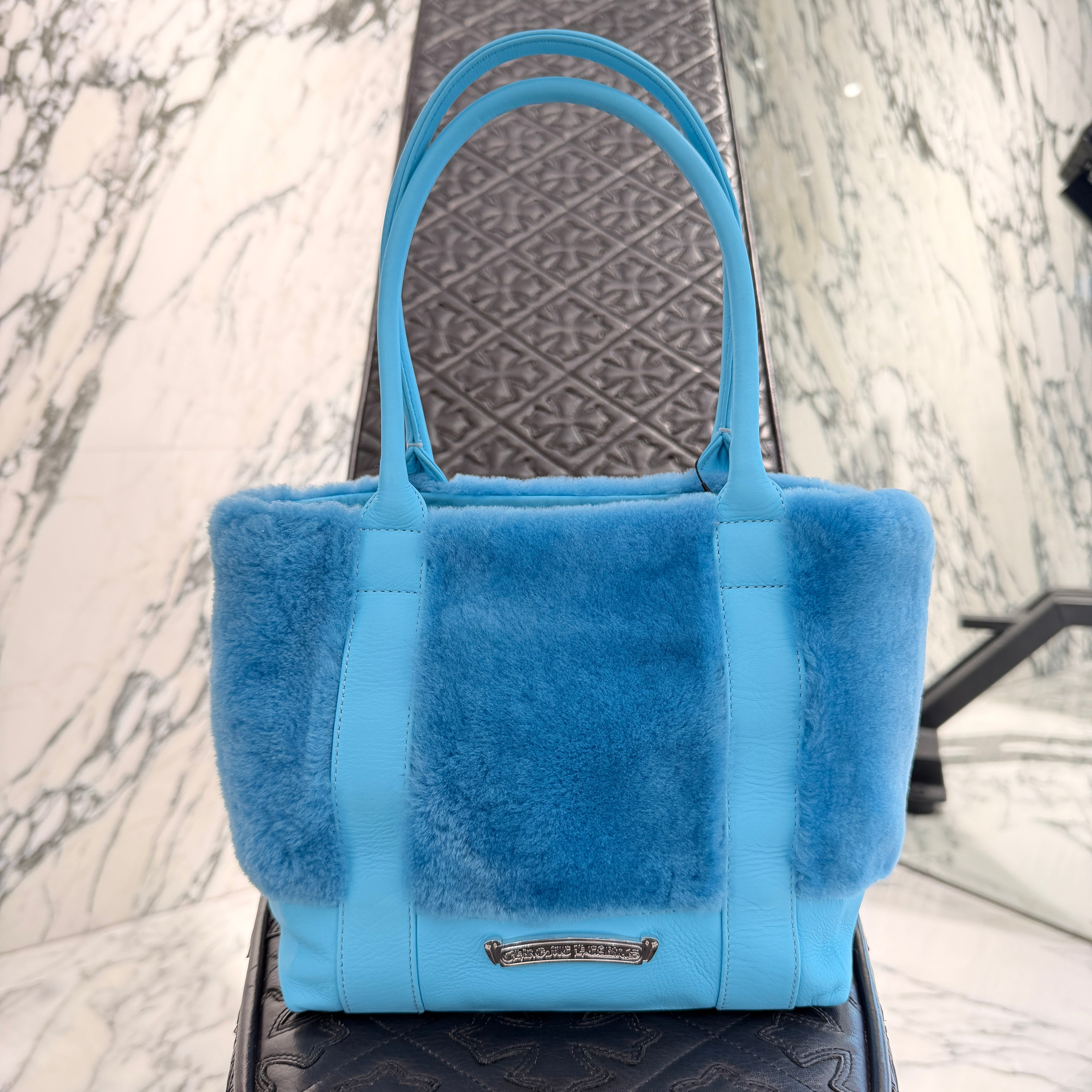 CHROME HEARTS Blue 3 Cemetery Cross Patch Fur Leather Tote Mini Bag クロムハーツ ブルー3セメタリークロスパッチ ファーレザートートミニバッグ