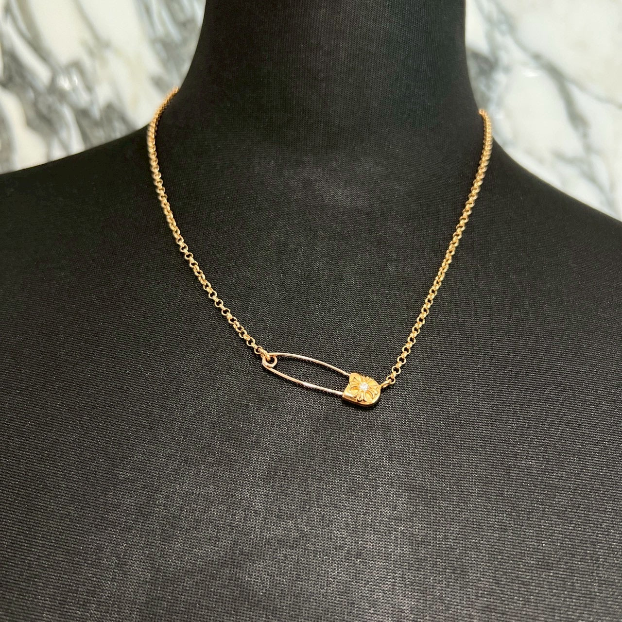 CHROME HEARTS 22K Safety Pin 1 Diamond Roll Chain Necklace Size 18 Inch クロムハーツ 22K セーフティピン 1ダイヤモンド ロールチェーン ネックレス 18インチ