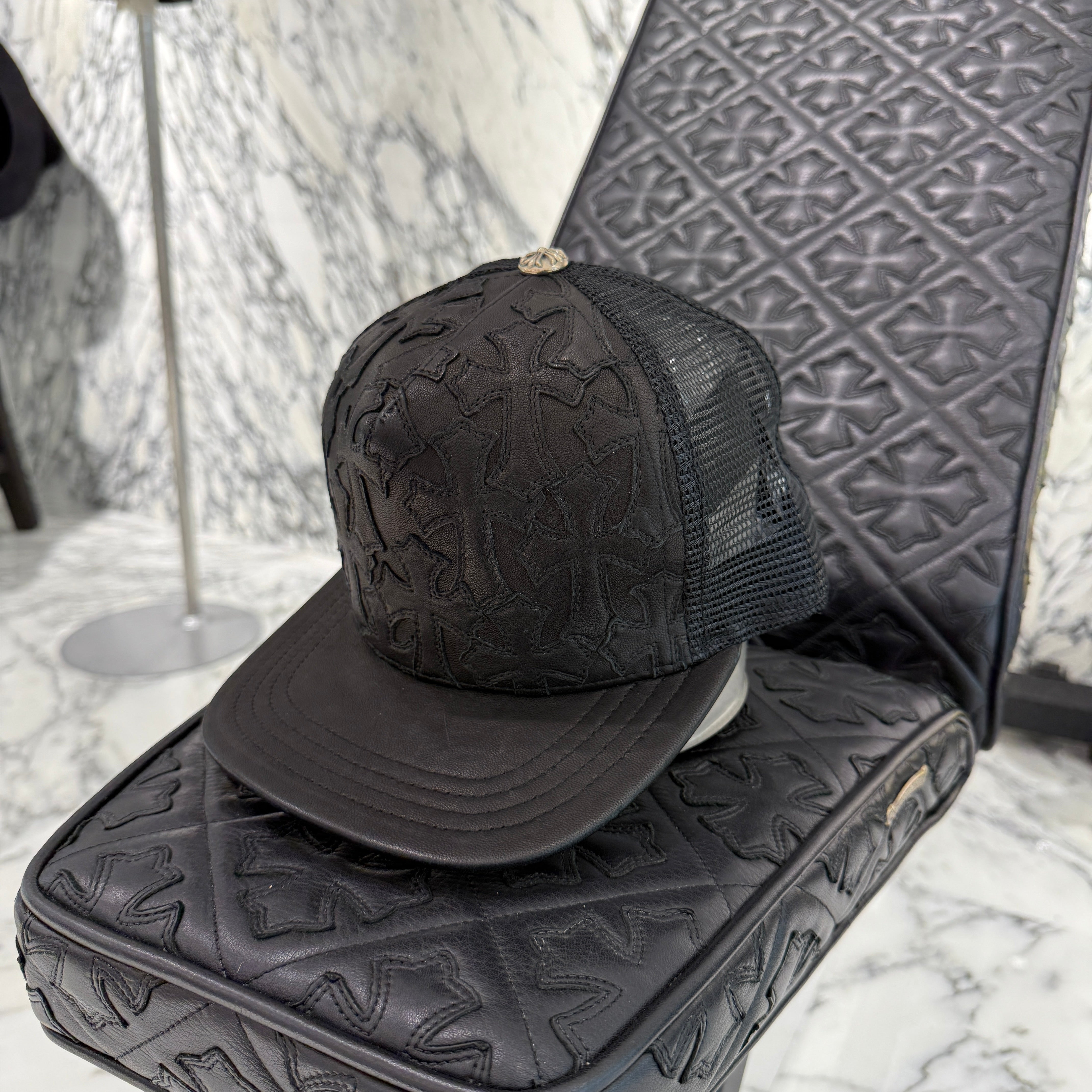CHROME HEARTS Cemetary Cross Leather Patch Trucker Cap Size