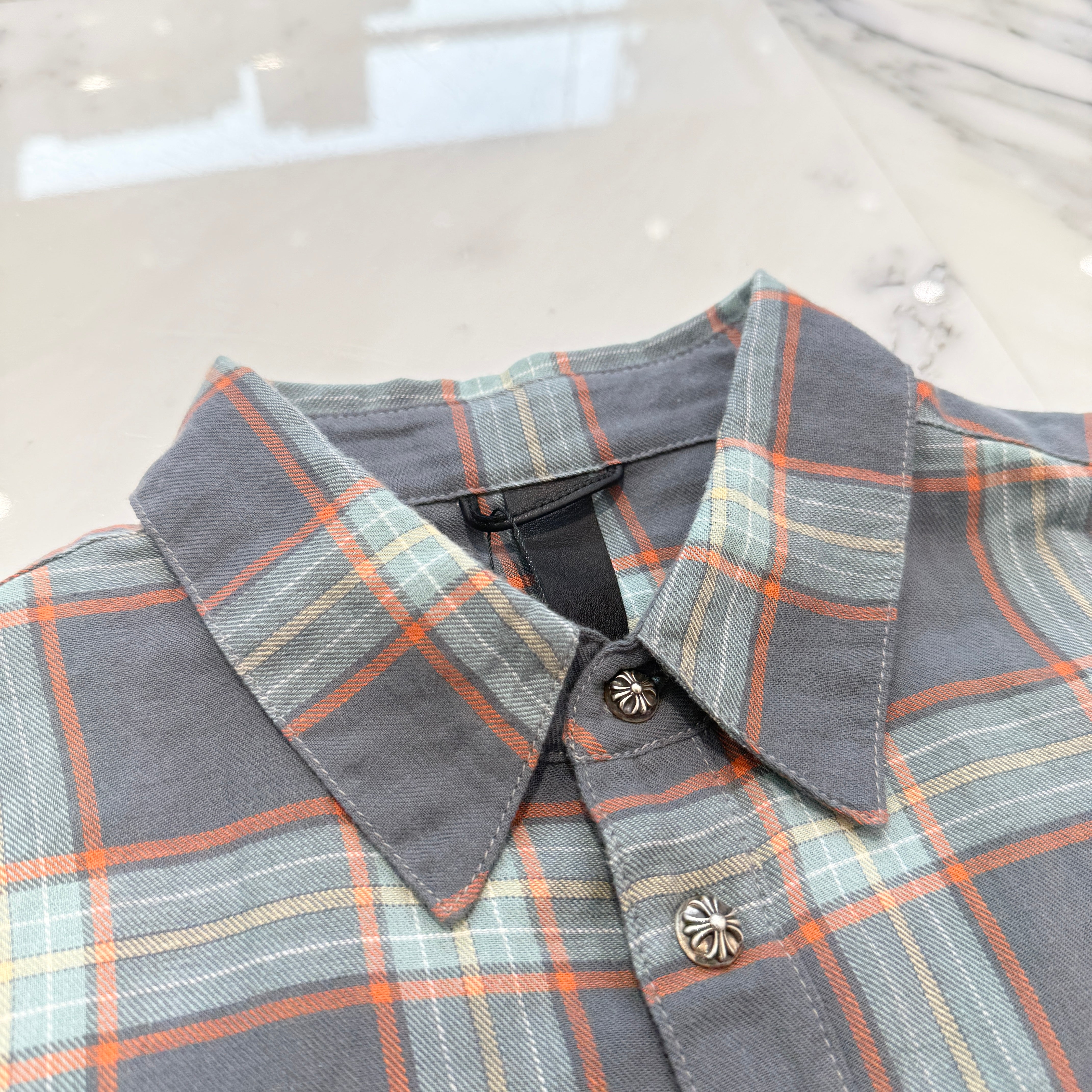 CHROME HEARTS Y NOT Cemetery Cross Leather Patch Check Shirt Size L クロムハーツ ワイノット セメタリークロスパッチ チェックシャツ サイズL