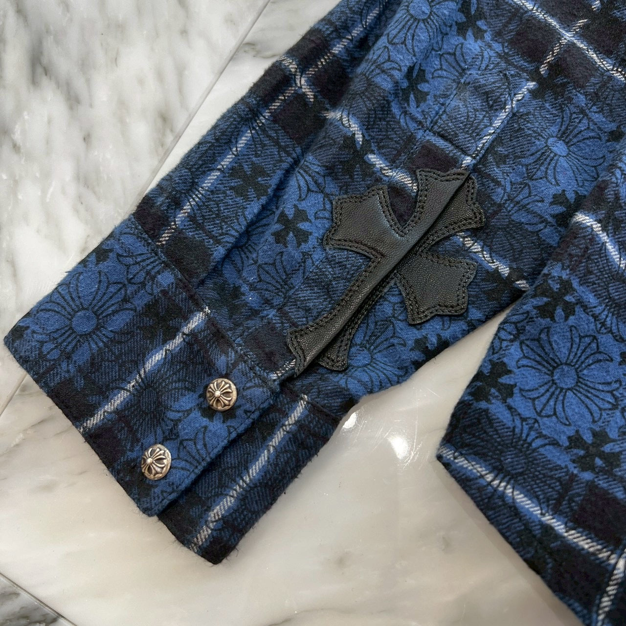 CHROME HEARTS Loose Ends Cross Leather Patch Check Shirt Size M クロムハーツ ルーズエンド クロスレザーパッチ チェック シャツ サイズM