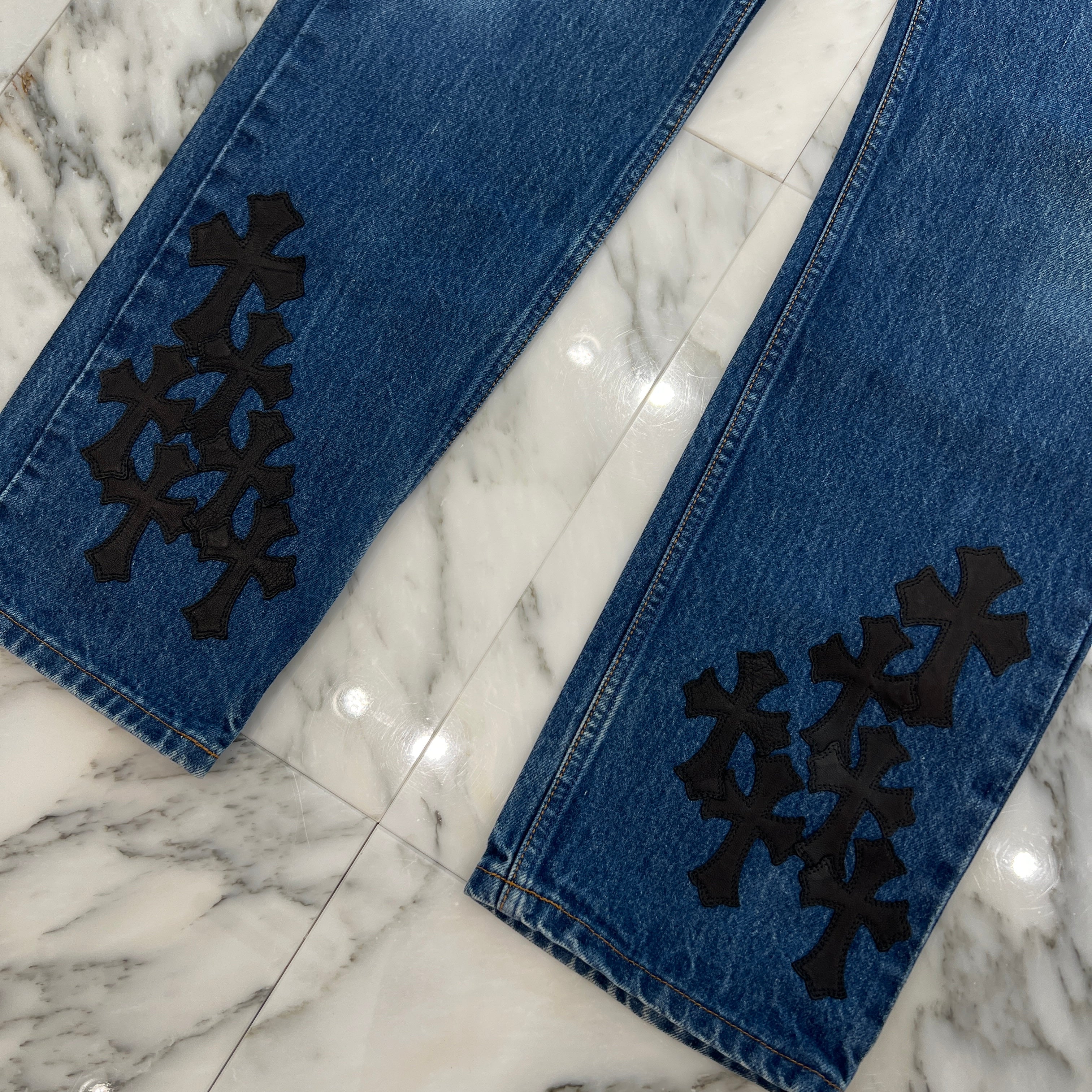CHROME HEARTS × Levi's 505 VNTG Cemetery Leather Cross Patch Denim Pants Size 34 クロムハーツ × リーバイス 505 ヴィンテージ セメタリーレザークロスパッチ デニムパンツ サイズ34