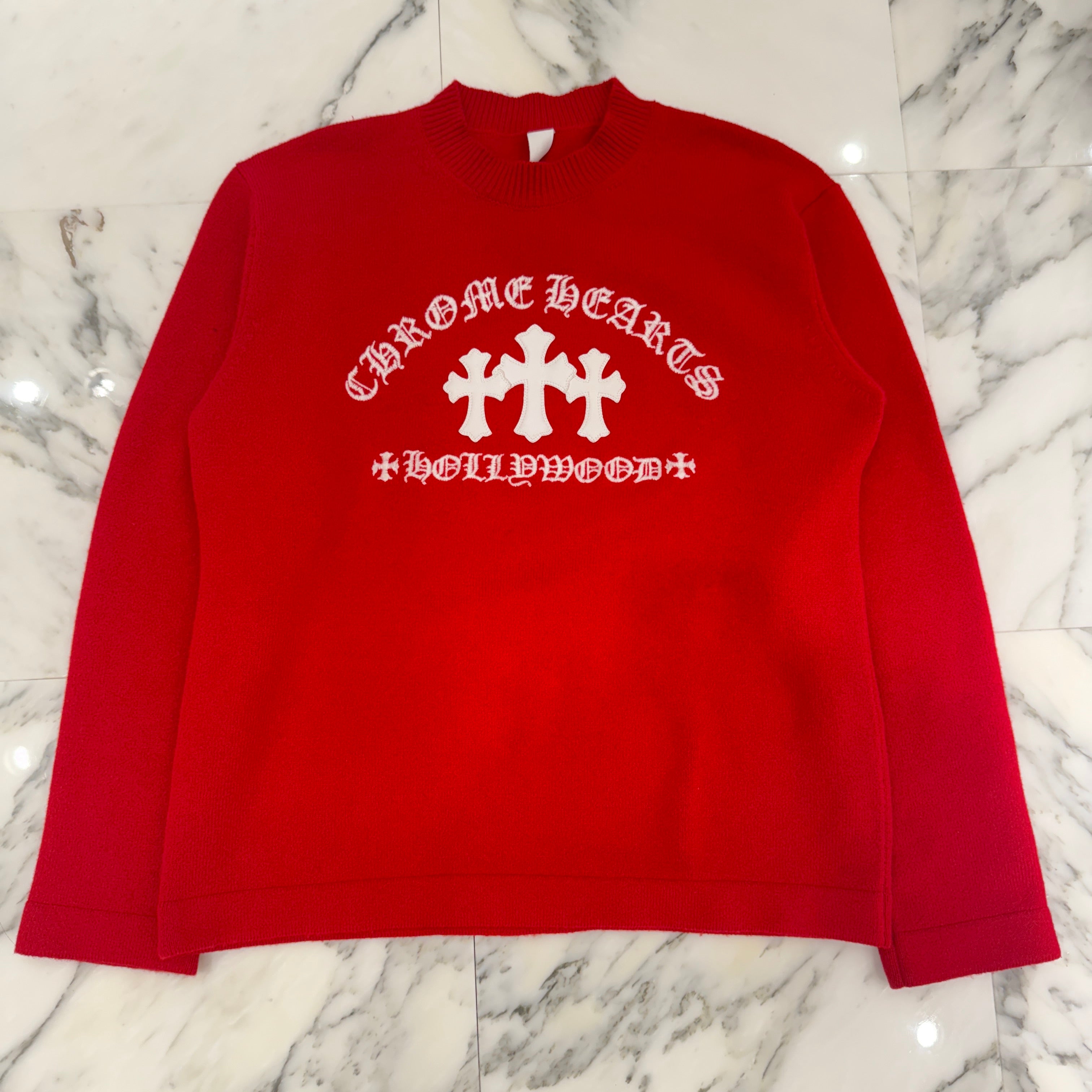 CHROME HEARTS Y NOT King Taco 3 Cemetery Cross Leather Patch Cashmere Knit Sweater Size M クロムハーツ ワイノット キングタコ 3セメタリークロス レザーパッチ カシミヤ ニットセーター サイズM