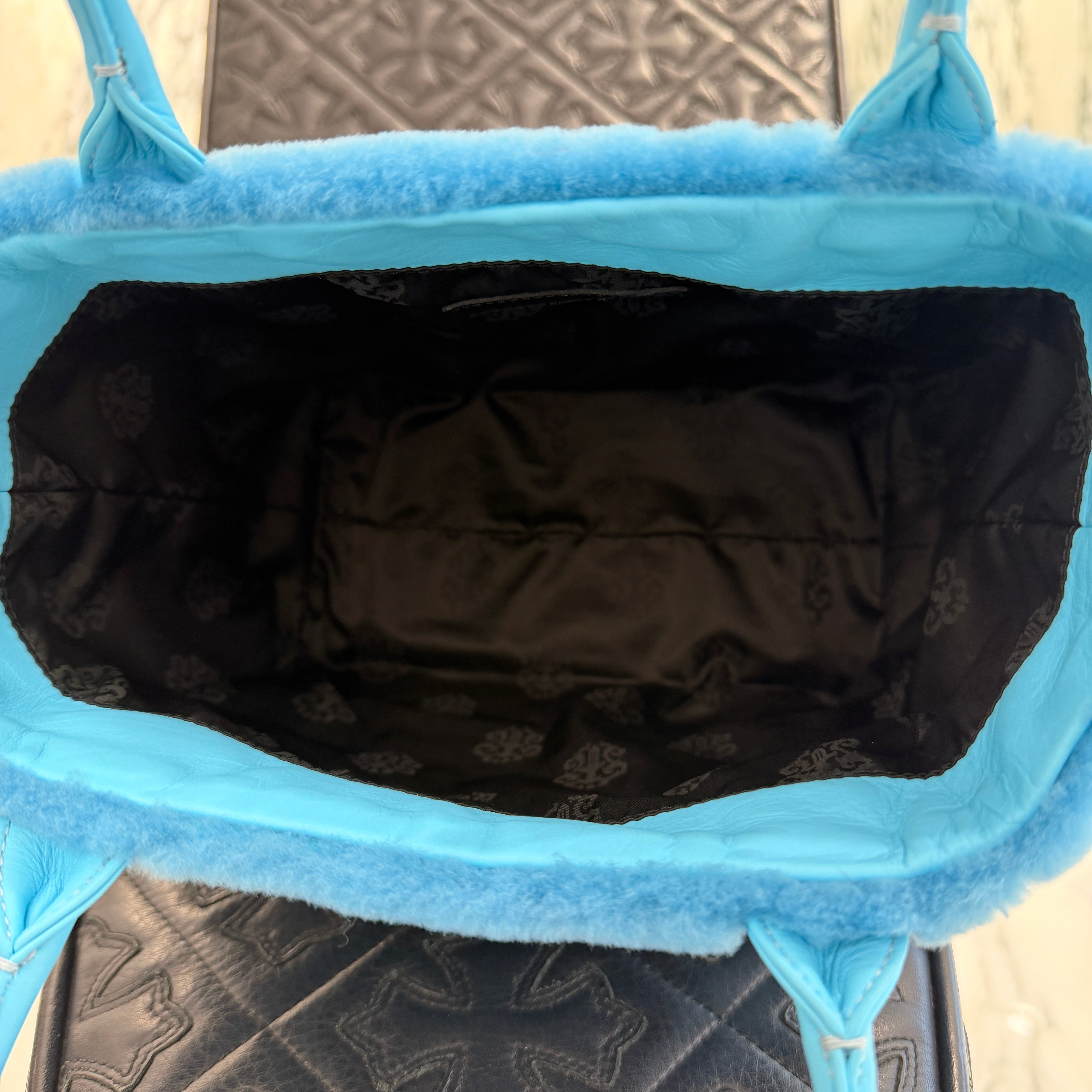 CHROME HEARTS Blue 3 Cemetery Cross Patch Fur Leather Tote Mini Bag クロムハーツ ブルー3セメタリークロスパッチ ファーレザートートミニバッグ