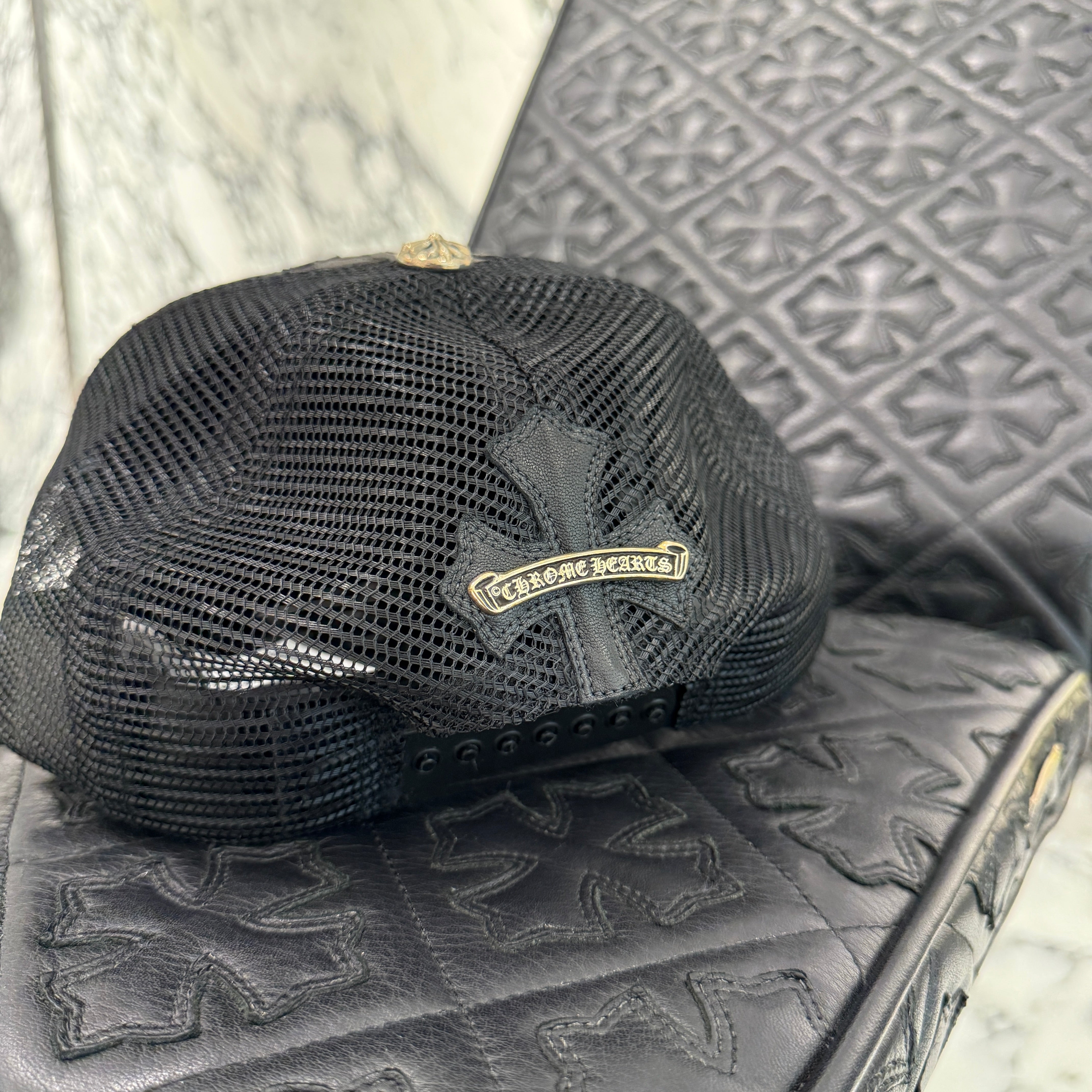 CHROME HEARTS Cemetary Cross Leather Patch Trucker Cap Size