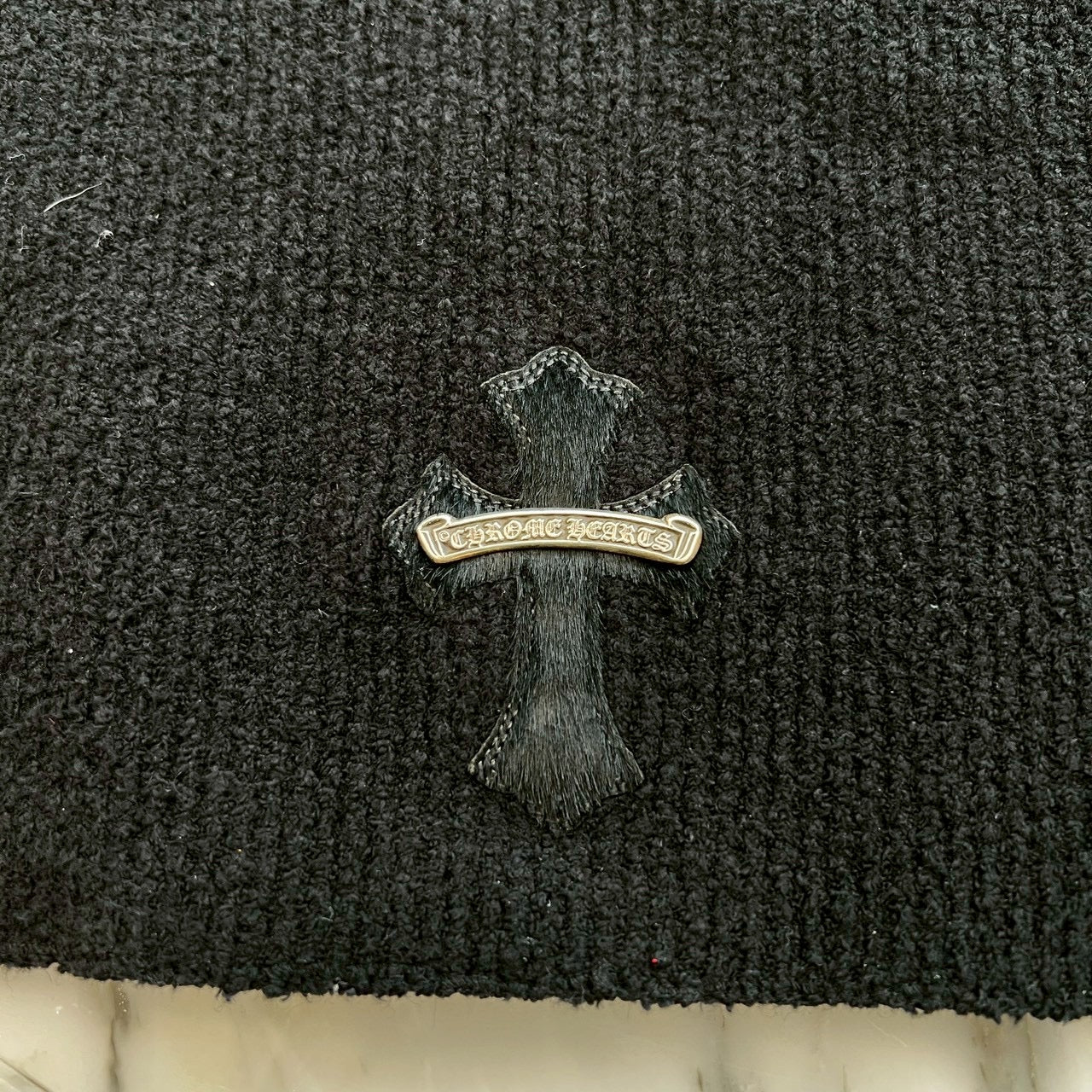 CHROME HEARTS Harako Leather Cross Patch Turtleneck Knit Sweater Size M/L クロムハーツ ハラコレザー クロスパッチ タートルネック ニットセーター サイズM/L