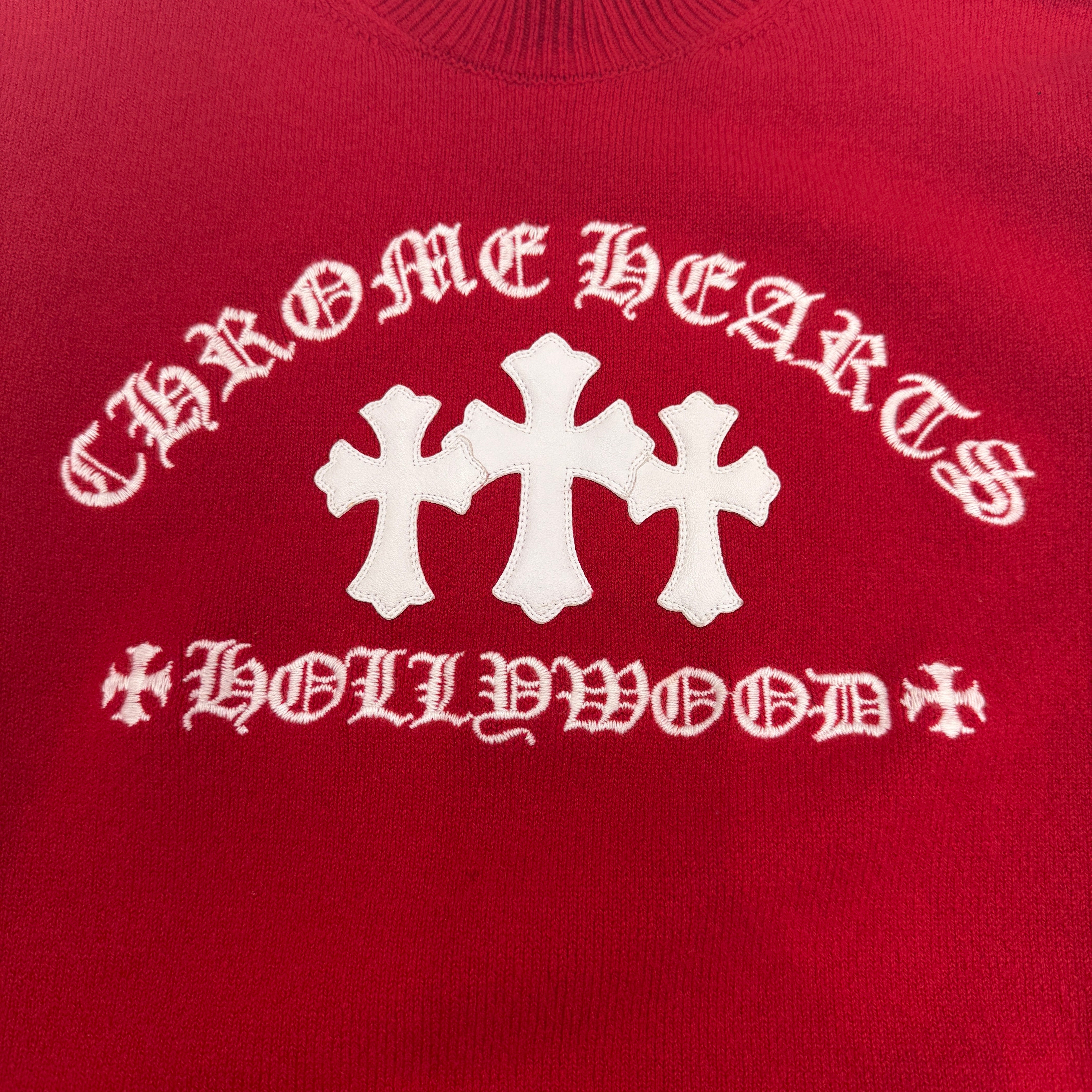 CHROME HEARTS Y NOT King Taco 3 Cemetery Cross Leather Patch Cashmere Knit Sweater Size M クロムハーツ ワイノット キングタコ 3セメタリークロス レザーパッチ カシミヤ ニットセーター サイズM