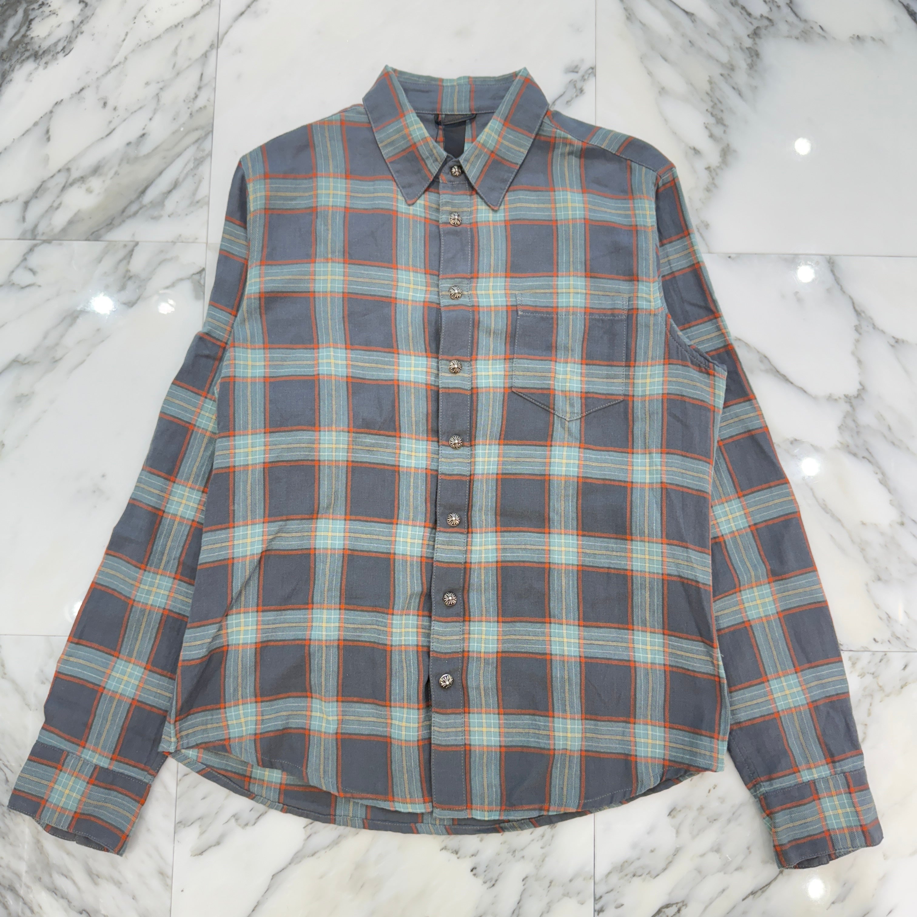 CHROME HEARTS Y NOT Cemetery Cross Leather Patch Check Shirt Size L クロムハーツ ワイノット セメタリークロスパッチ チェックシャツ サイズL