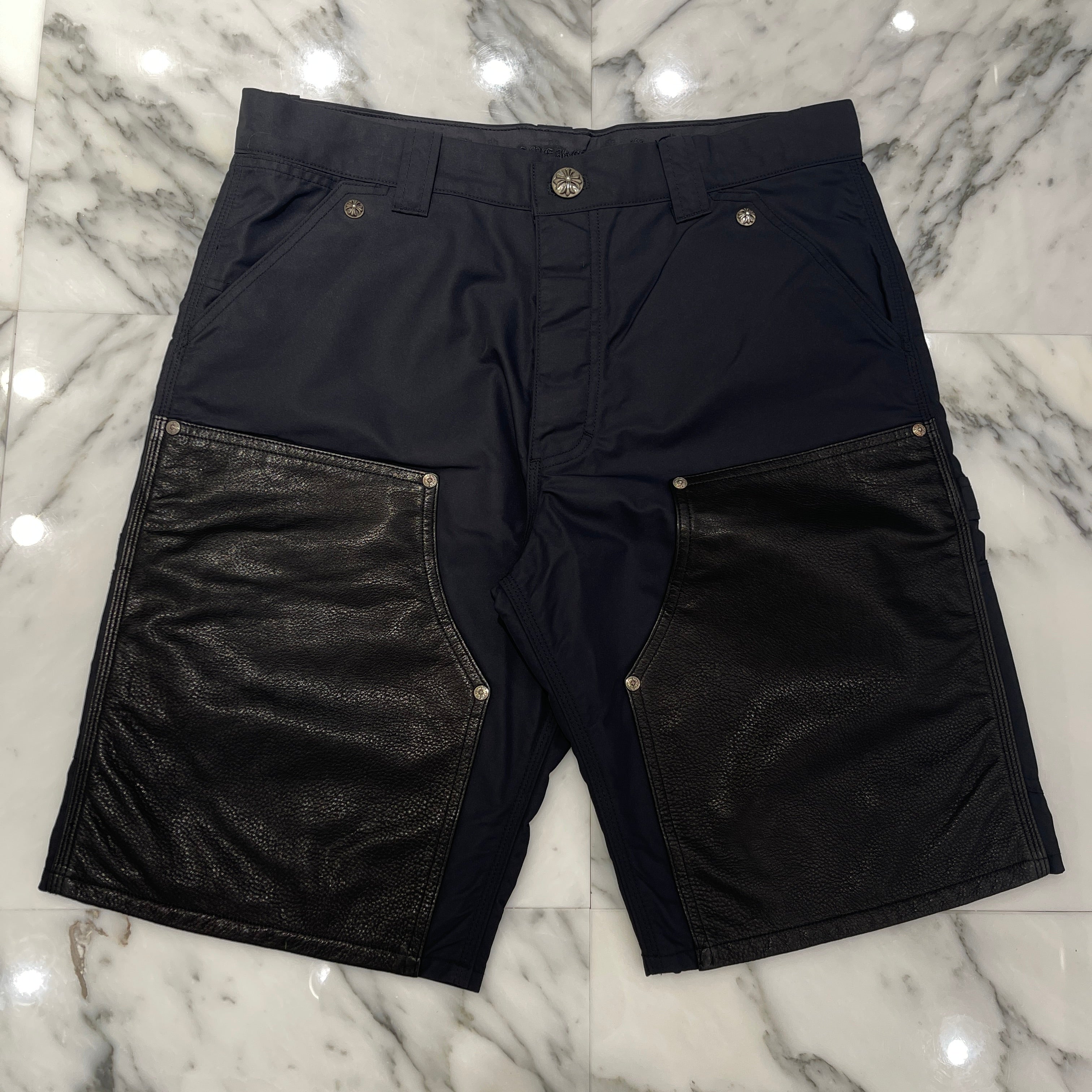 CHROME HEARTS Carpenter Double Knee Leather Cross Patch Nylon Shorts Size 34 クロムハーツ カーペンター ダブルニー レザークロスパッチ ナイロン ショーツ サイズ34