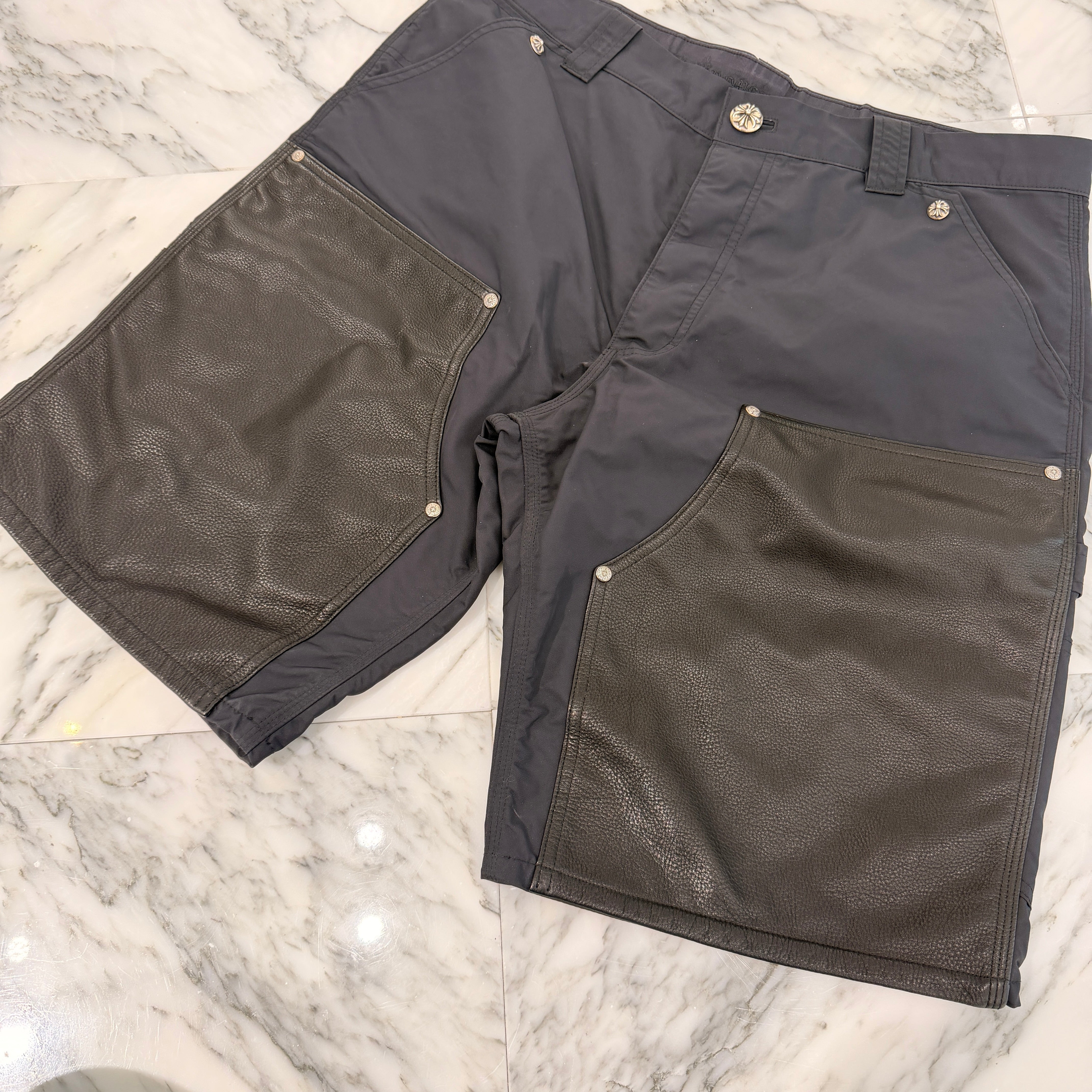 CHROME HEARTS Carpenter Double Knee Leather Cross Patch Nylon Shorts Size 36 クロムハーツ カーペンター ダブルニー レザークロスパッチ ナイロン ショーツ サイズ36