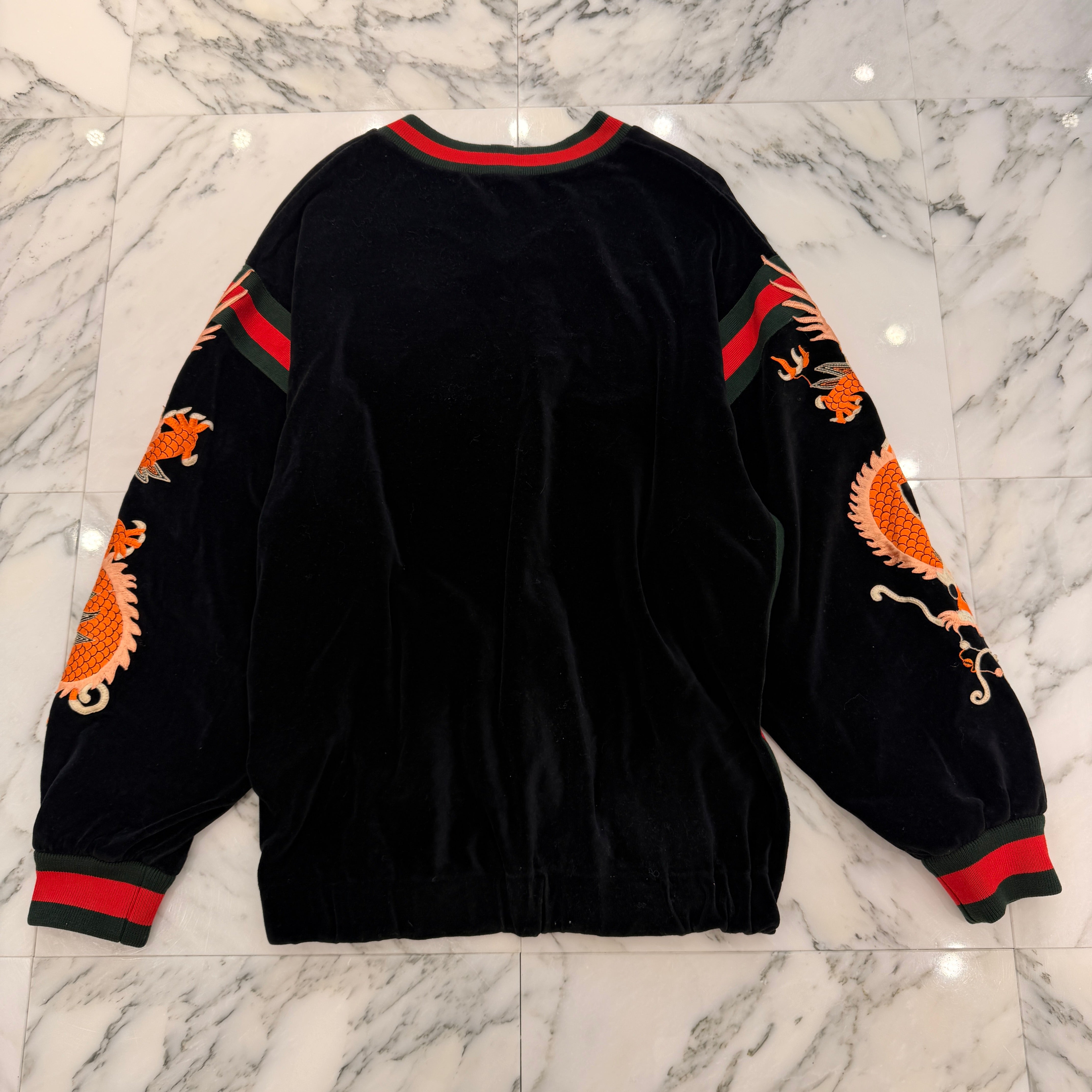 GUCCI × Dapper Dan 2018AW GG Patch Dragon Embroidery Velvet Sweatshirt 535765 X9Y88 Size M グッチ×ダッパー・ダン GGパッチ ドラゴン刺繍 ベロアスウェットシャツ サイズM