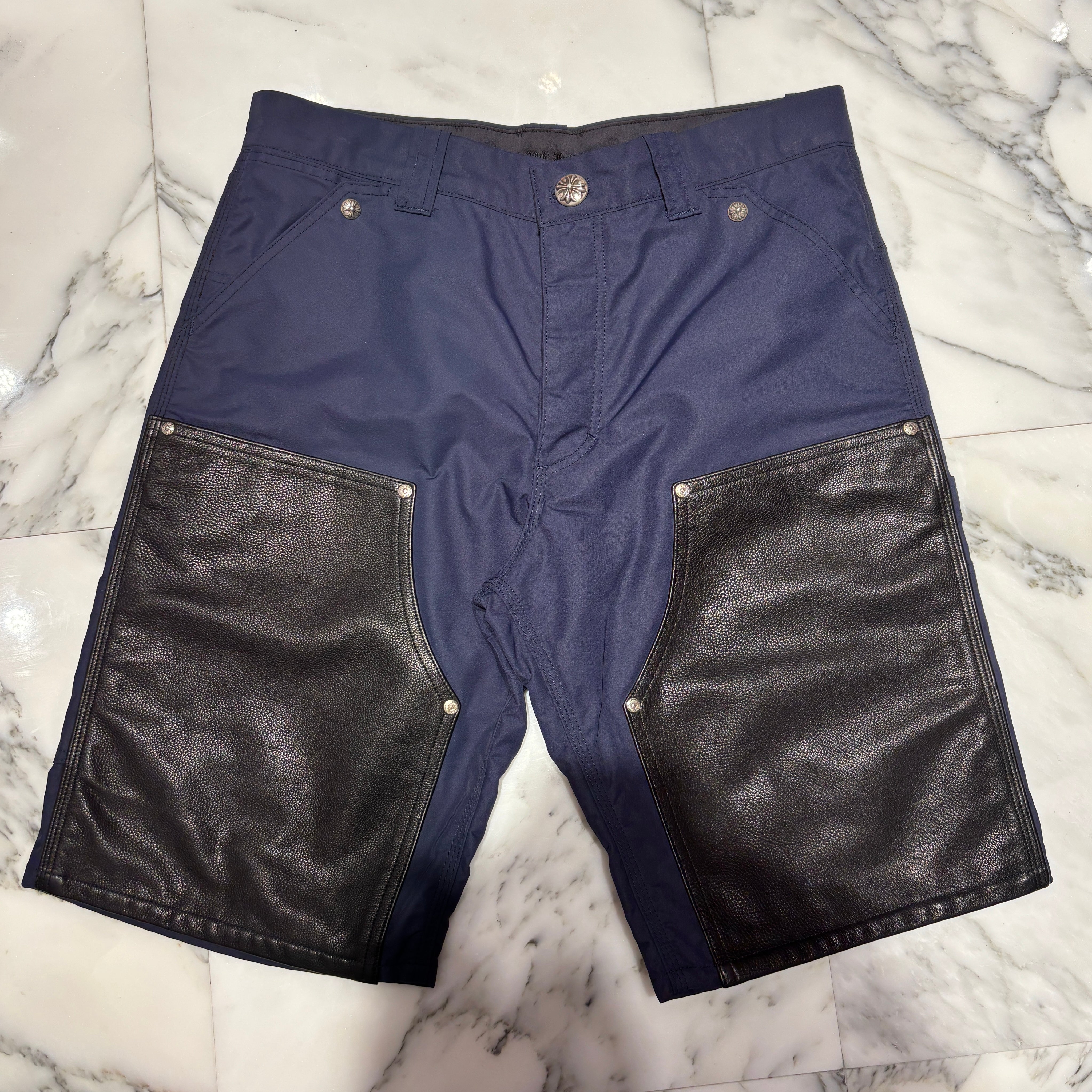 CHROME HEARTS Carpenter Leather Double Knee Leather Cross Patch Nylon Half Pants Size 32 クロムハ―ツ カーペンター レザーダブルニー レザークロスパッチ  ナイロンハーフパンツ サイズ32