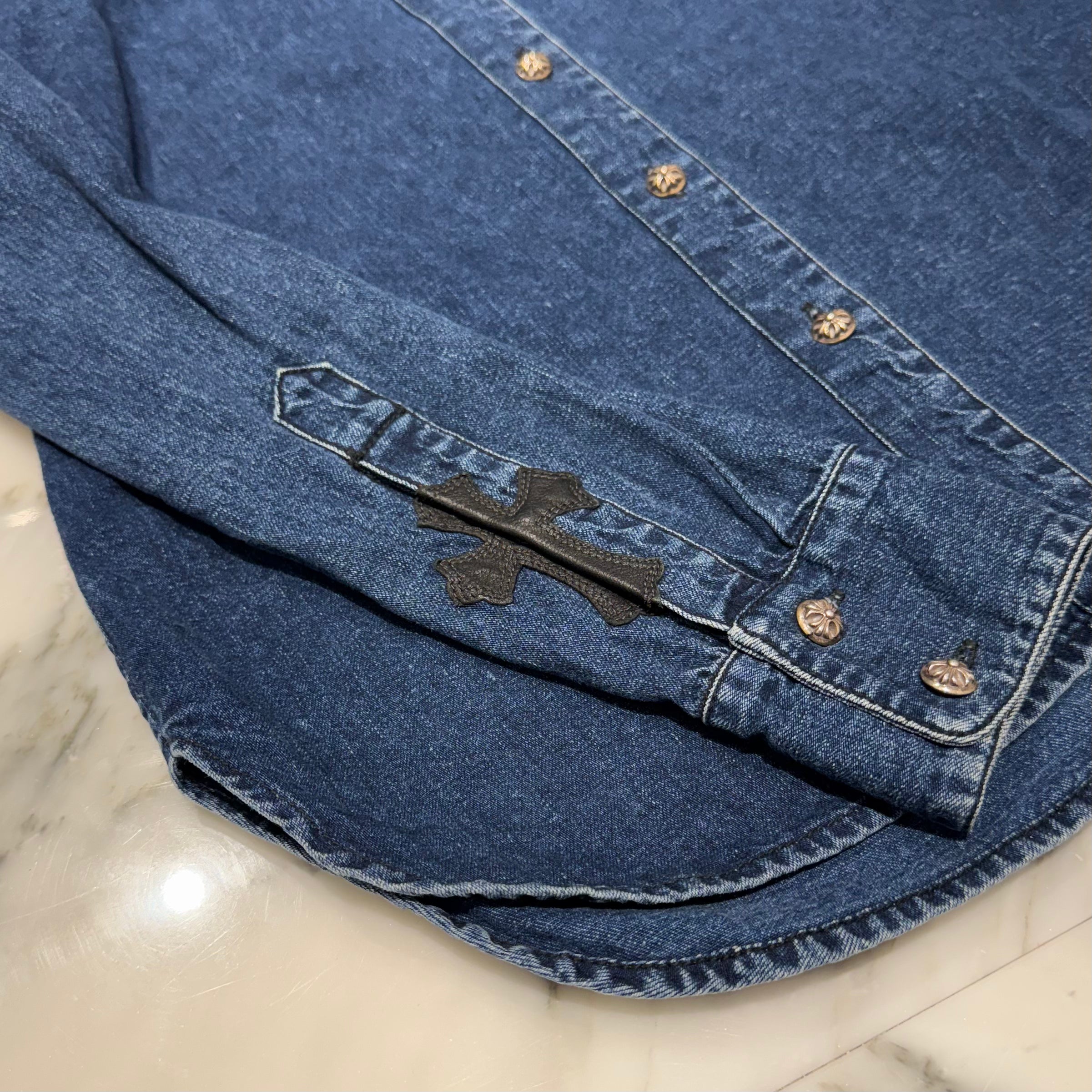 CHROME HEARTS Y NOT Leather Cross Patch Denim Shirt Size S クロムハーツ レザークロスパッチ デニムシャツ サイズS