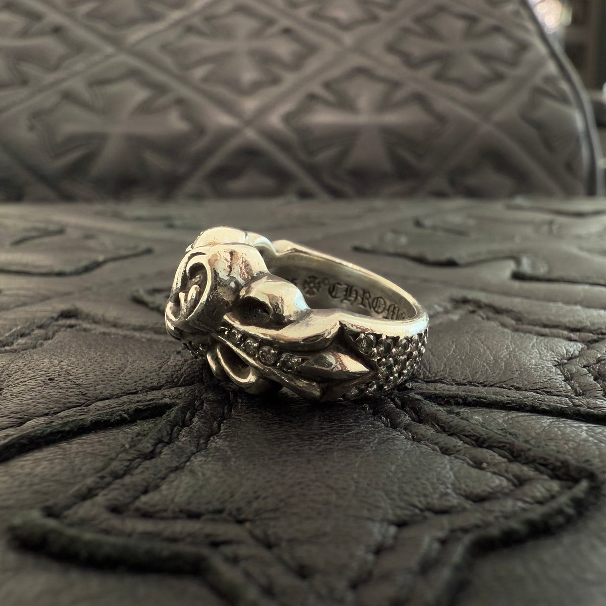 CHROME HEARTS Floral Cross Heart Pave Diamond Silver Ring CHROME HEARTS Floral Cross Heart Pave Diamond Silver Ring