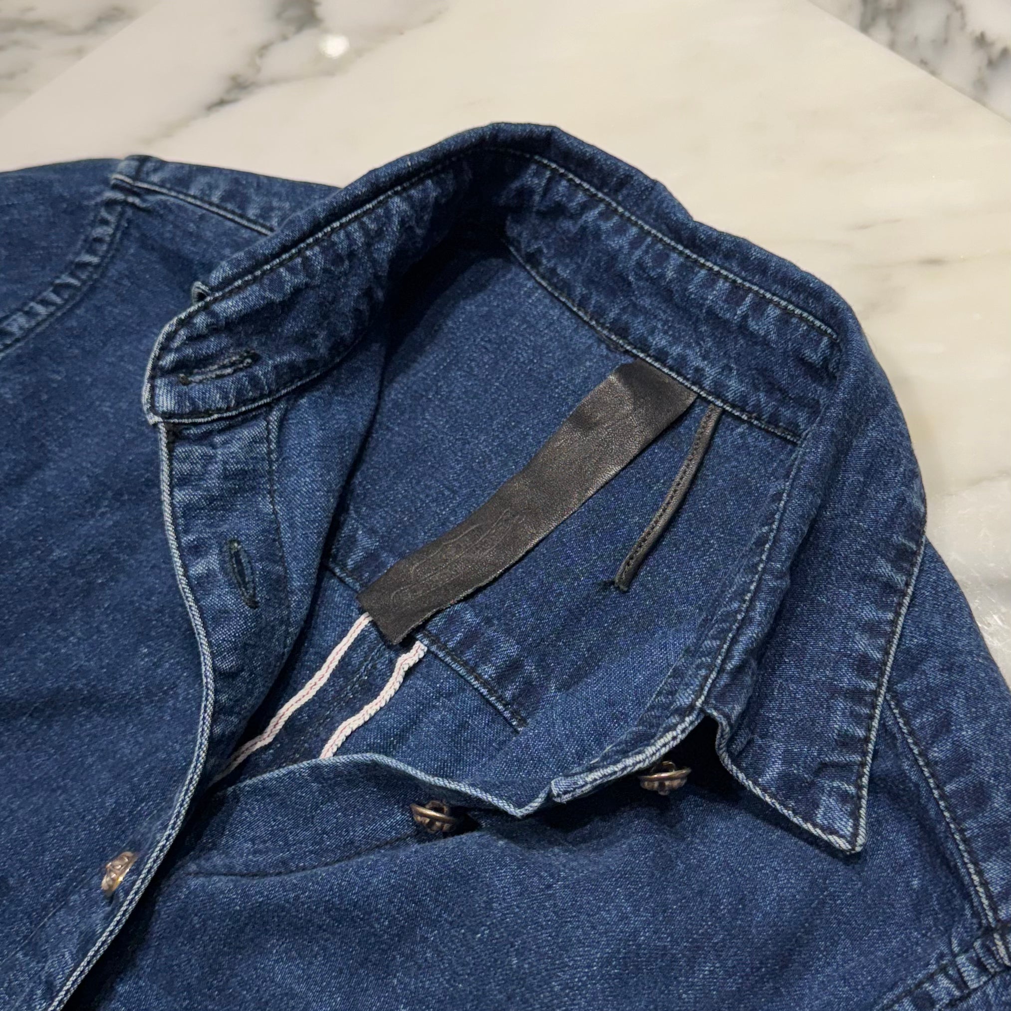 CHROME HEARTS Y NOT Leather Cross Patch Denim Shirt Size S クロムハーツ レザークロスパッチ デニムシャツ サイズS