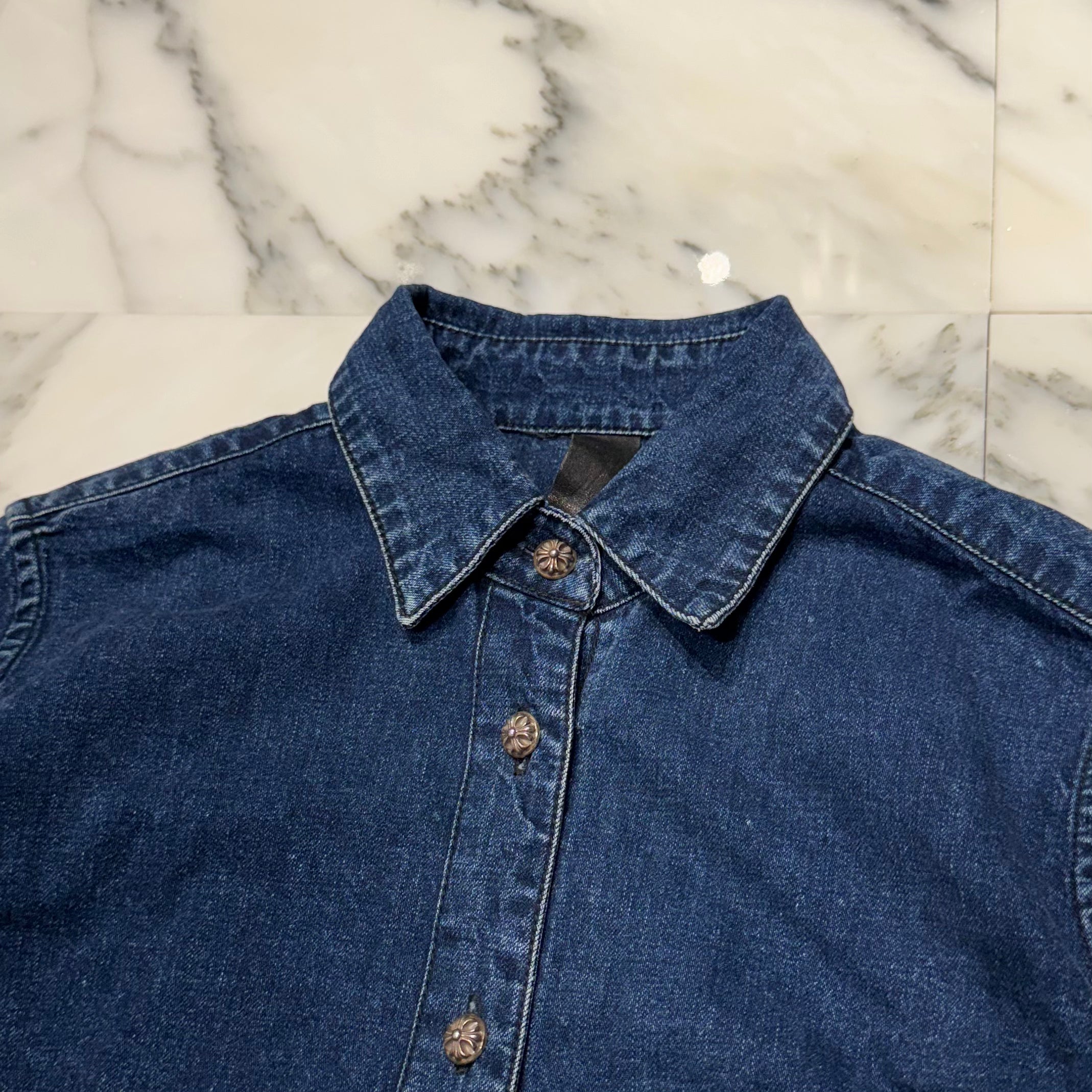 CHROME HEARTS Y NOT Leather Cross Patch Denim Shirt Size S クロムハーツ レザークロスパッチ デニムシャツ サイズS