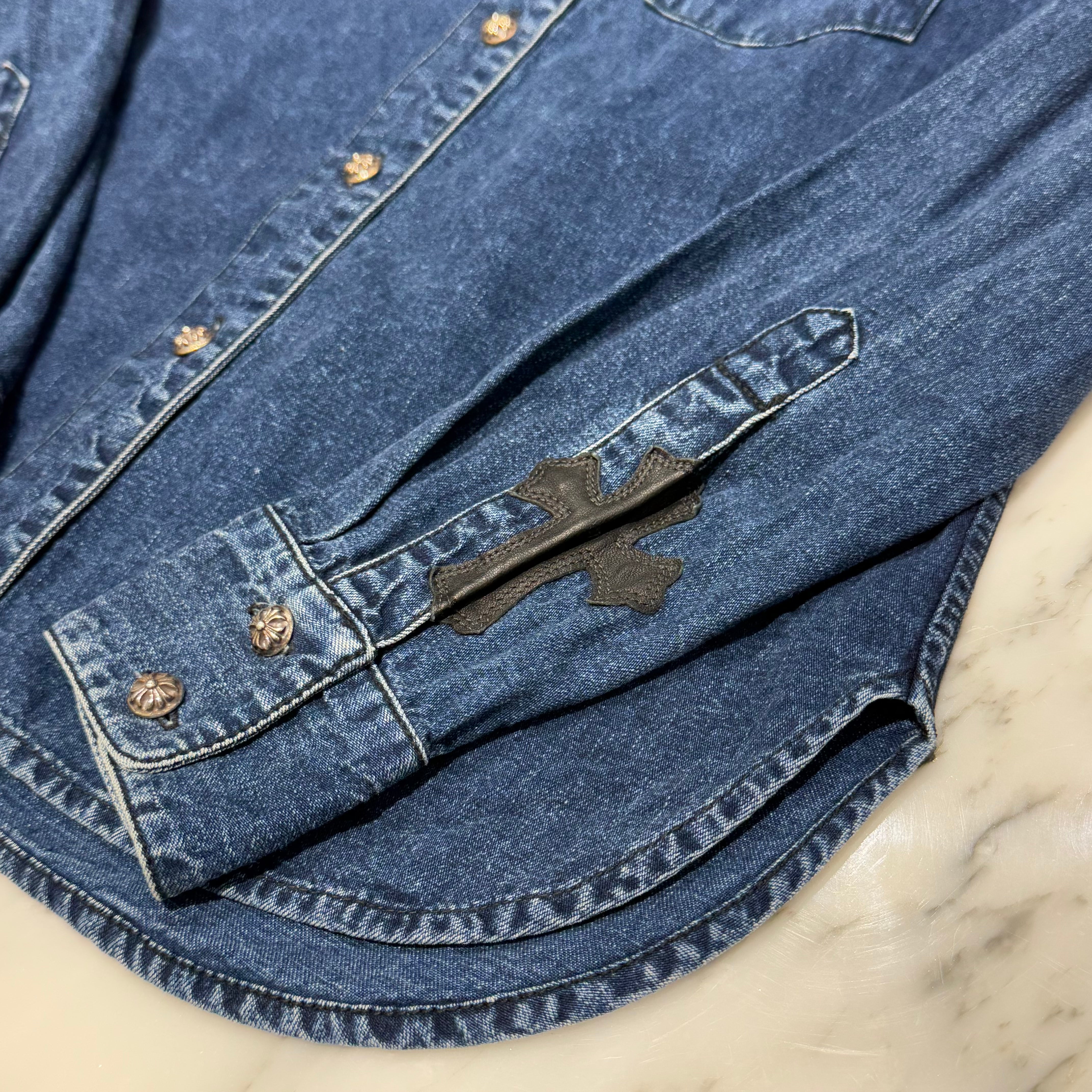 CHROME HEARTS Y NOT Leather Cross Patch Denim Shirt Size S クロムハーツ レザークロスパッチ デニムシャツ サイズS