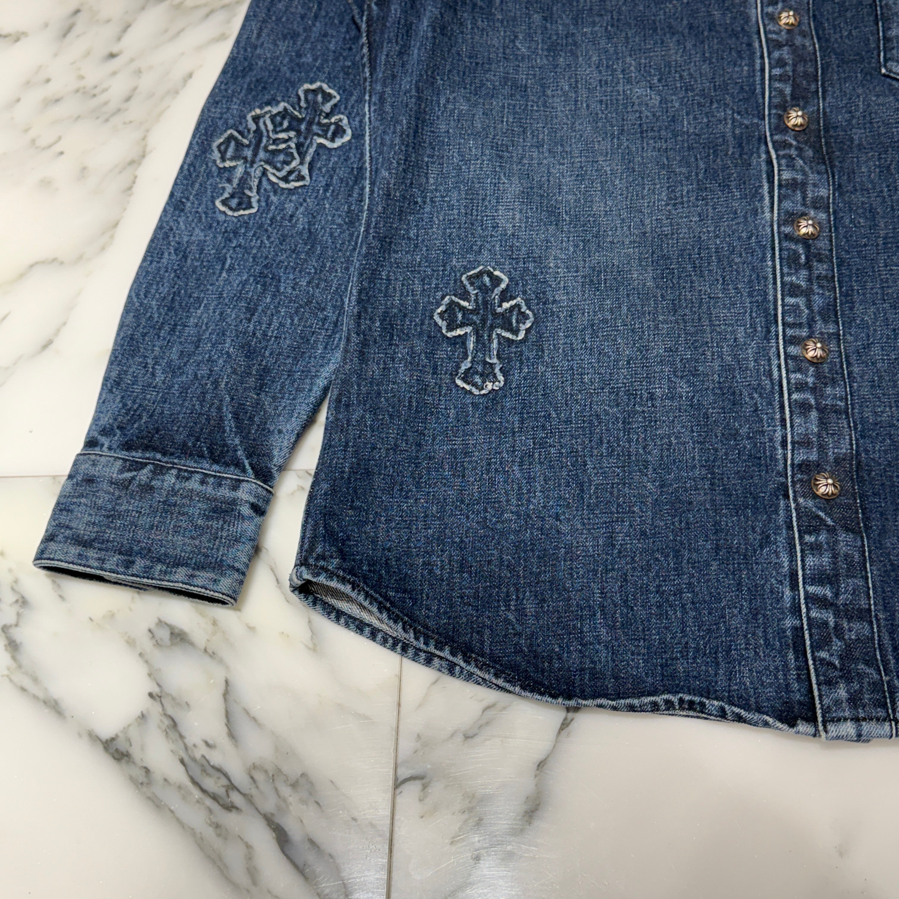 CHROME HEARTS YNOT Denim Cross Patch Shirt Jacket Size M クロムハーツ ワイノット デニムクロスパッチ シャツジャケット サイズM