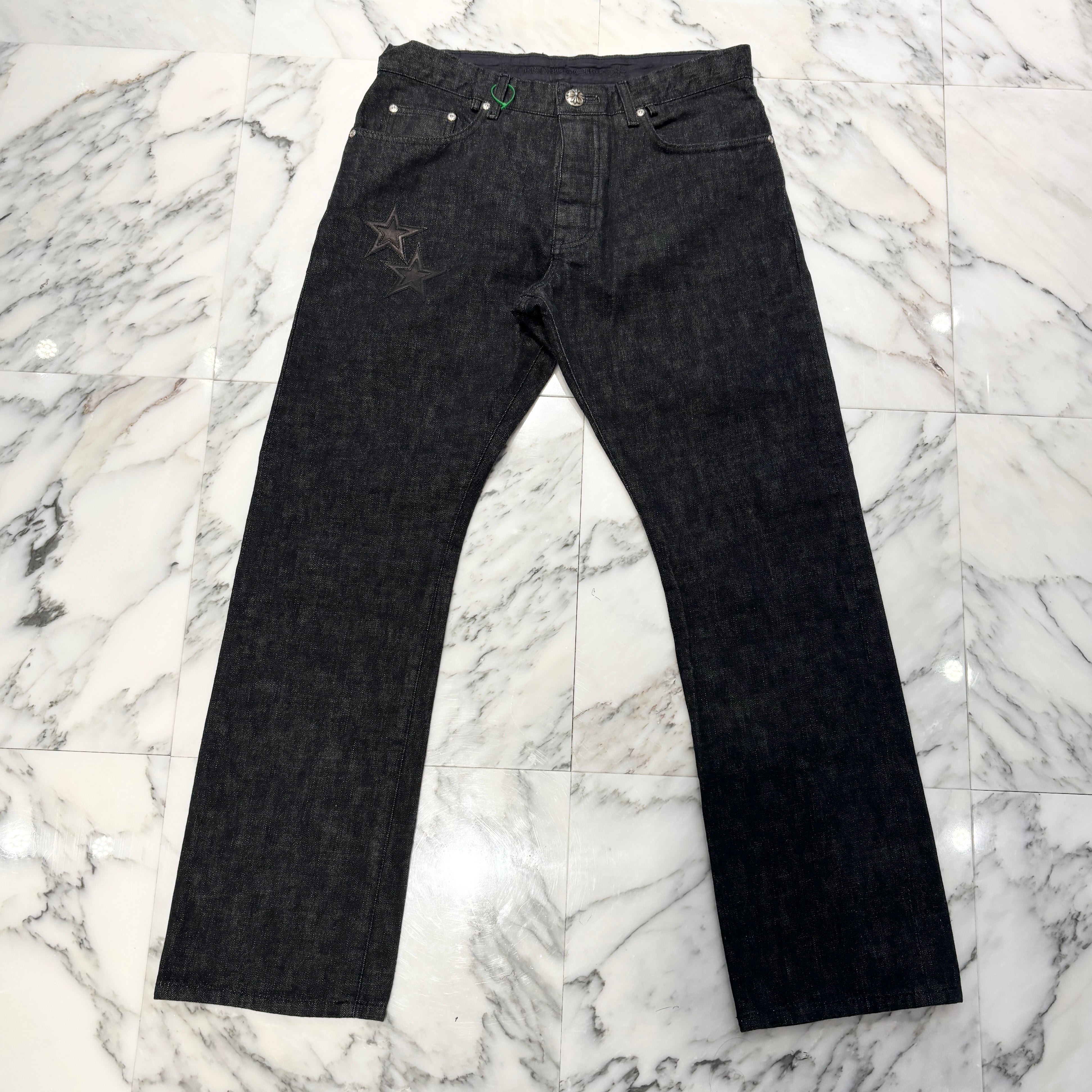 CHROME HEARTS Flare Knee Star Leather Patch Denim Pants Size 34 クロムハーツ フレアニースターパッチデニムパンツ サイズ34