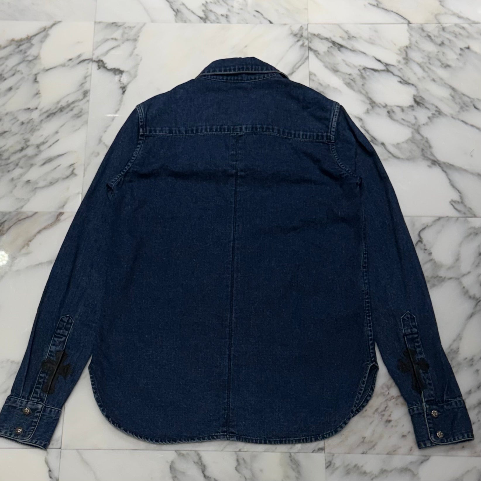 CHROME HEARTS Y NOT Leather Cross Patch Denim Shirt Size S クロムハーツ レザークロスパッチ デニムシャツ サイズS