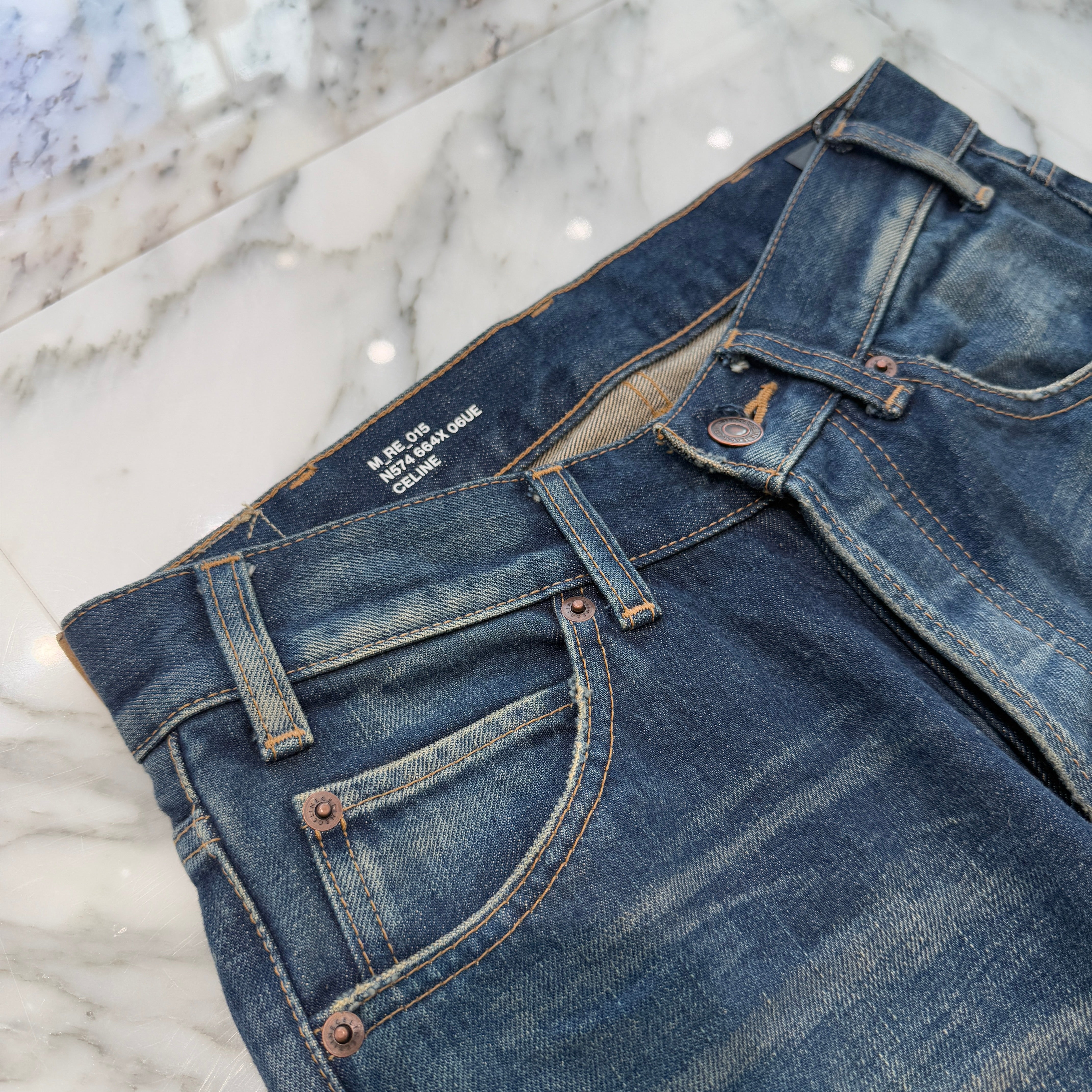 CELINE 2024SS Kurt Jeans In Destroyed Blue Marble Denim Pants