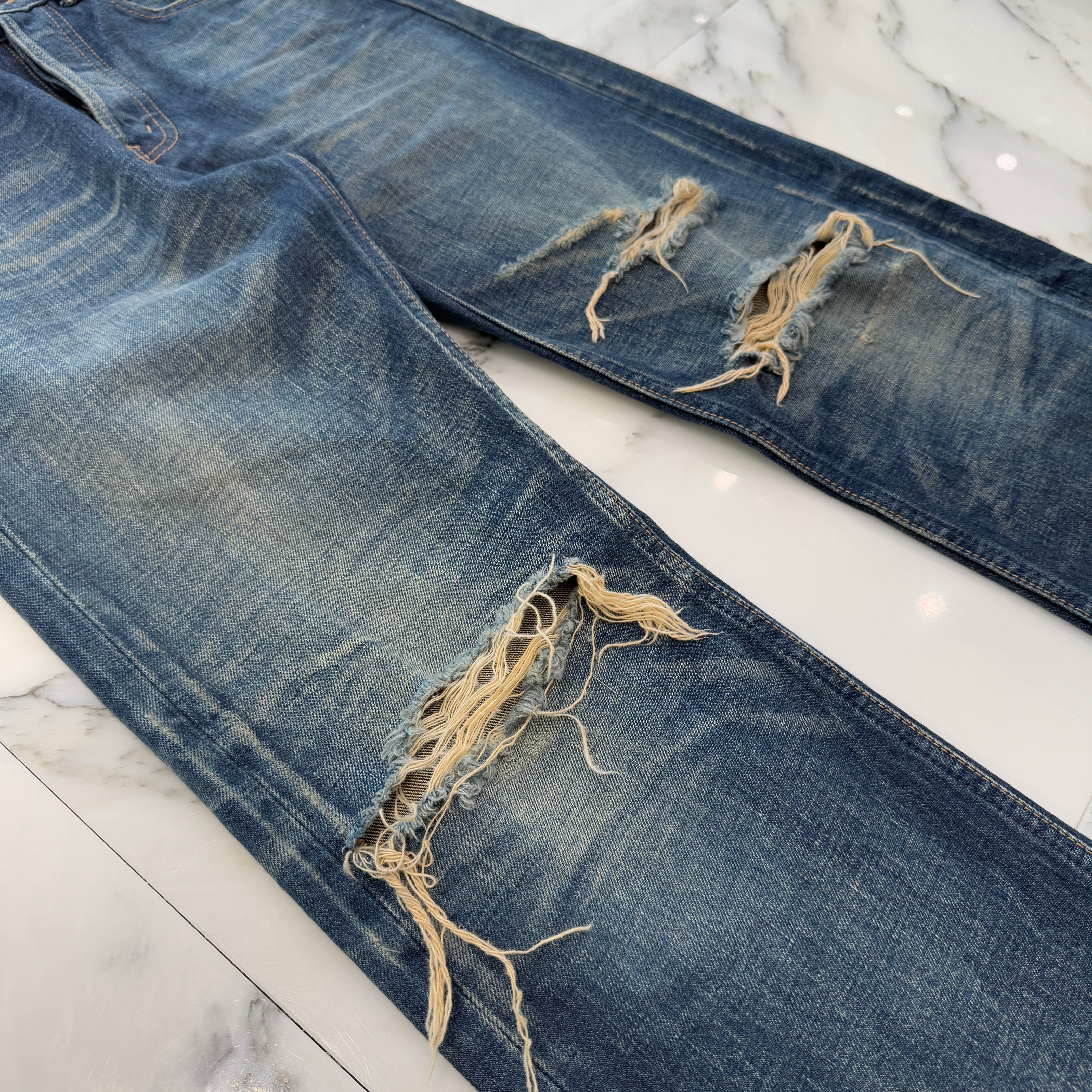 CELINE 2024SS Kurt Jeans In Destroyed Blue Marble Denim