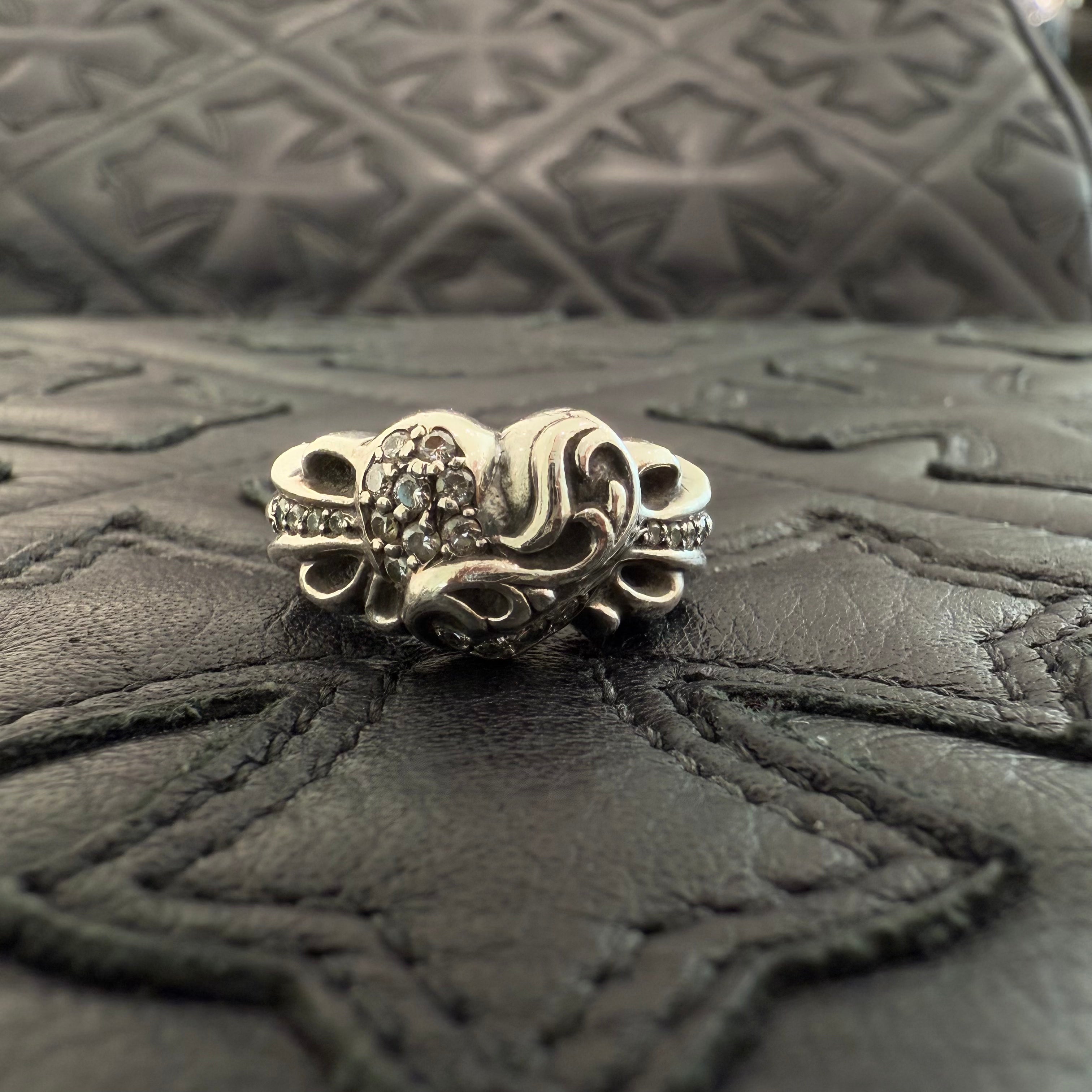 CHROME HEARTS Floral Cross Heart Pave Diamond Silver Ring Size 8号 クロムハーツ フローラルクロス ハート パヴェダイヤモンド シルバーリング シルバー925 サイズ8号