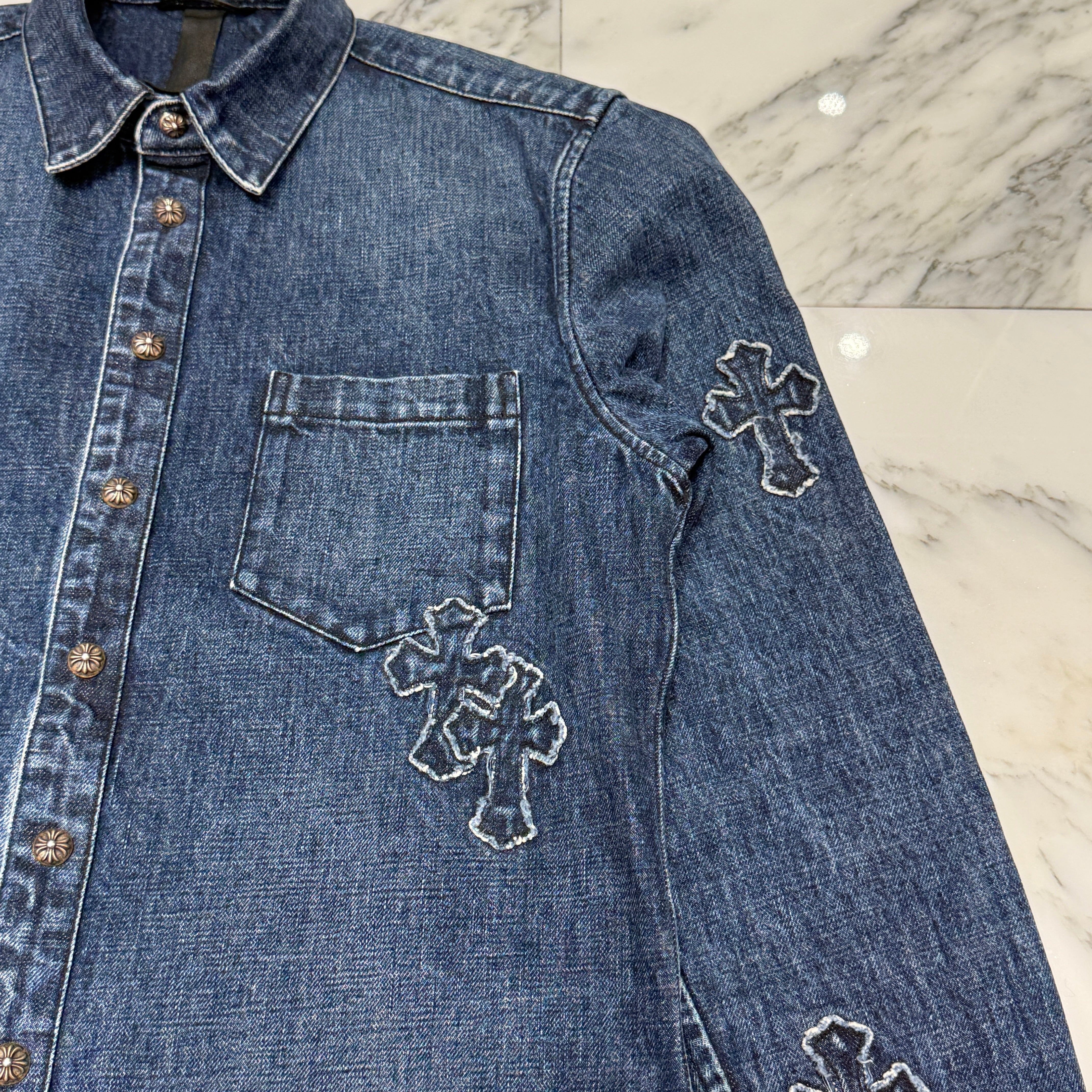 CHROME HEARTS YNOT Denim Cross Patch Shirt Jacket Size M クロムハーツ ワイノット デニムクロスパッチ シャツジャケット サイズM