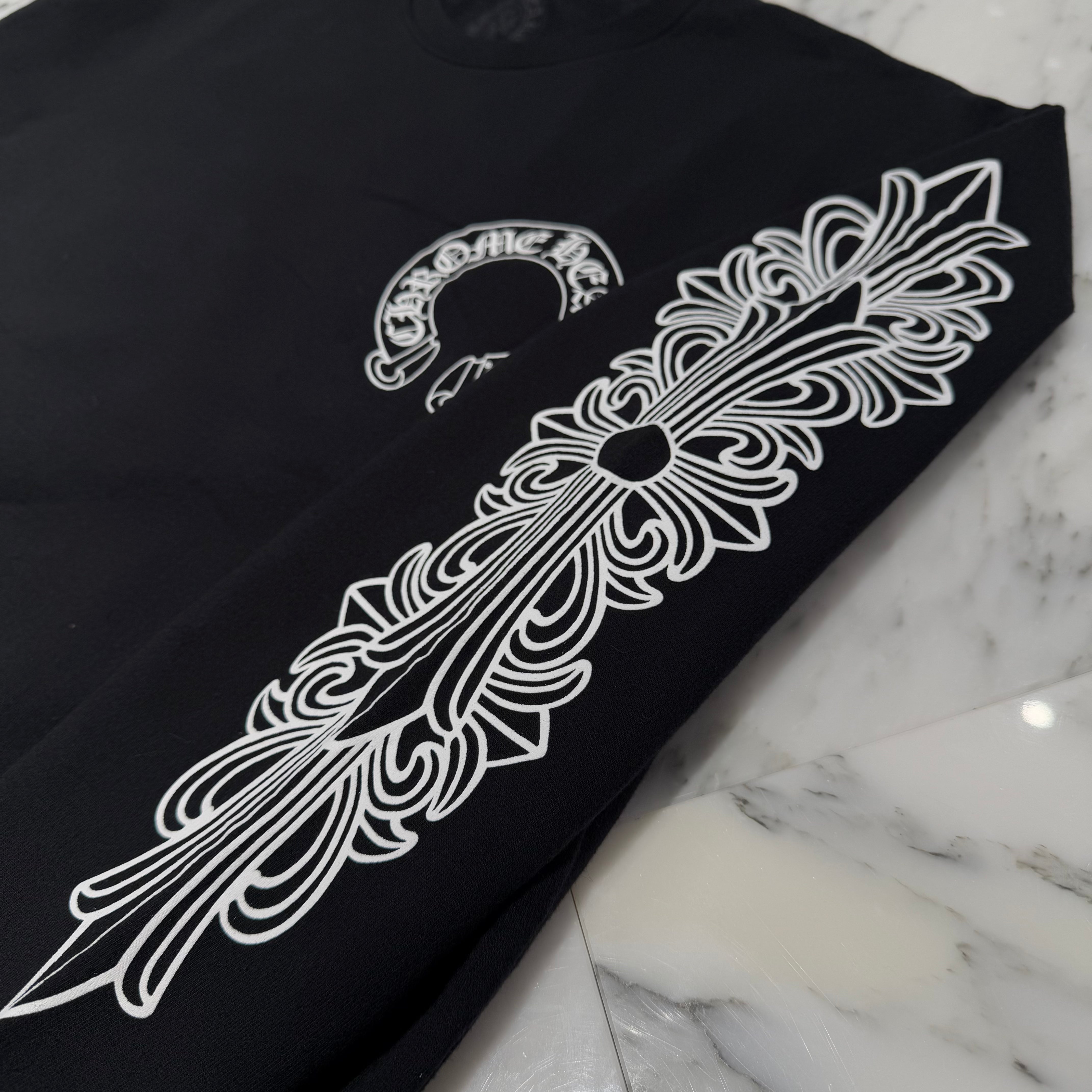 CHROME HEARTS Floral Cross Horseshoe Crewneck Sweat Shirts Size L クロムハーツ フローラルクロス ホースシュー クルーネック スウェットシャツ サイズL