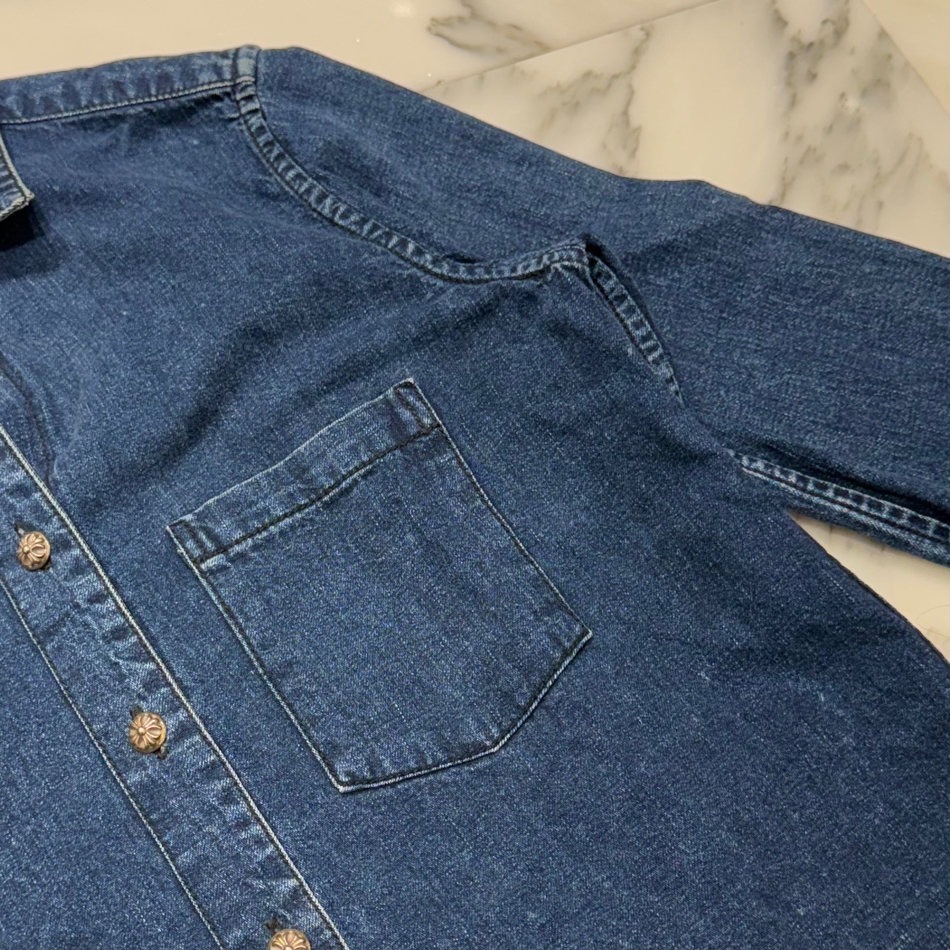 CHROME HEARTS Y NOT Leather Cross Patch Denim Shirt Size S クロムハーツ レザークロスパッチ デニムシャツ サイズS