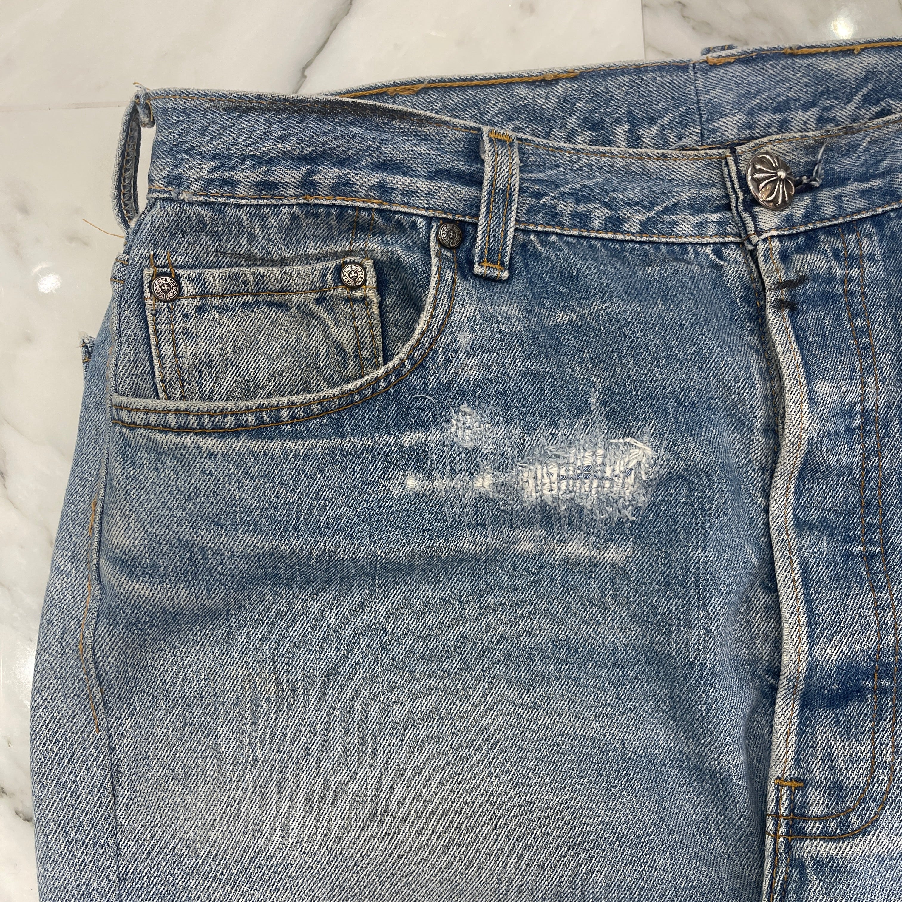 CHROME HEARTS Cross Leather Patch Denim Pants Size 36 クロムハーツ クロスレザーパッチ デニムパンツ サイズ36