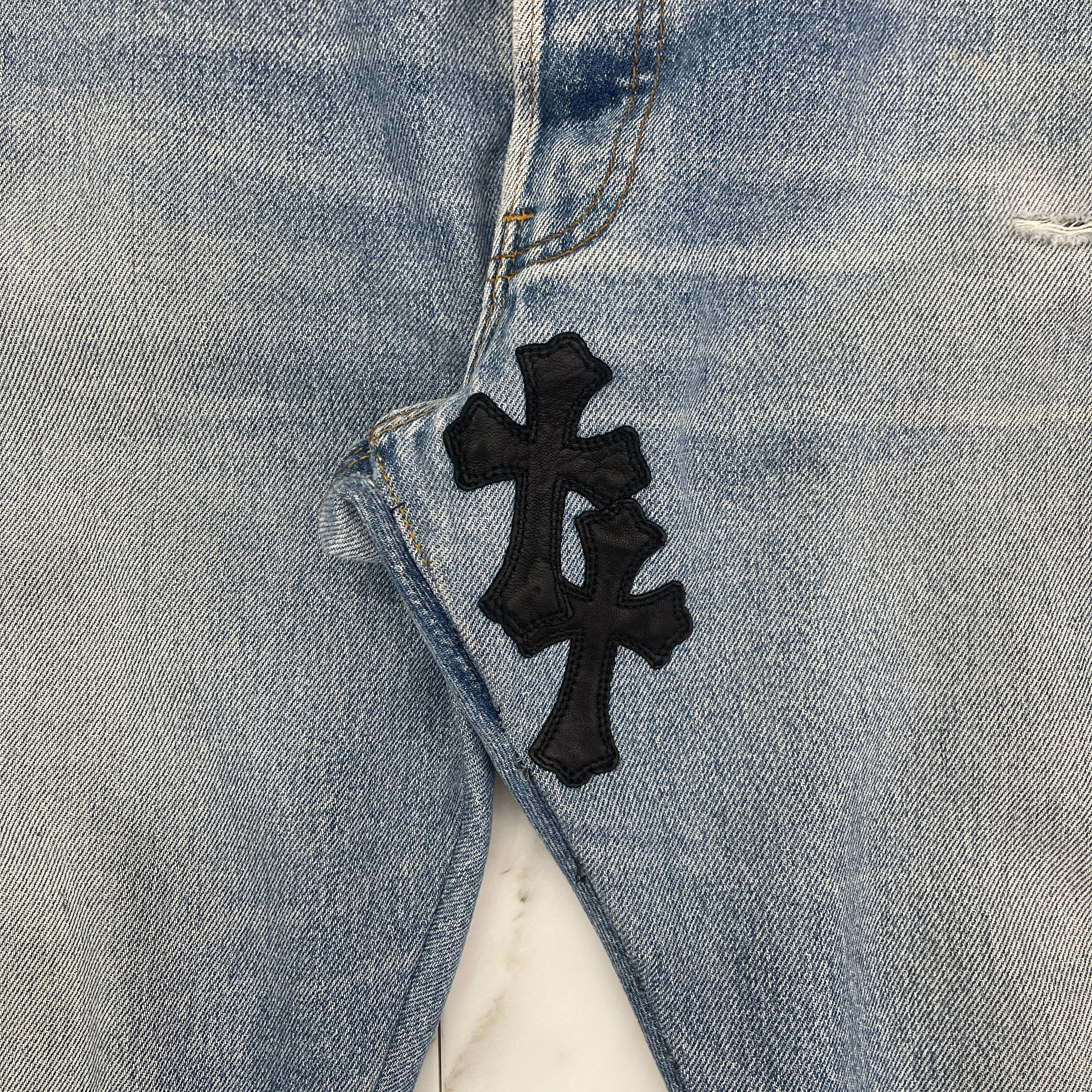 CHROME HEARTS Cross Leather Patch Denim Pants Size 36 クロムハーツ クロスレザーパッチ デニムパンツ サイズ36