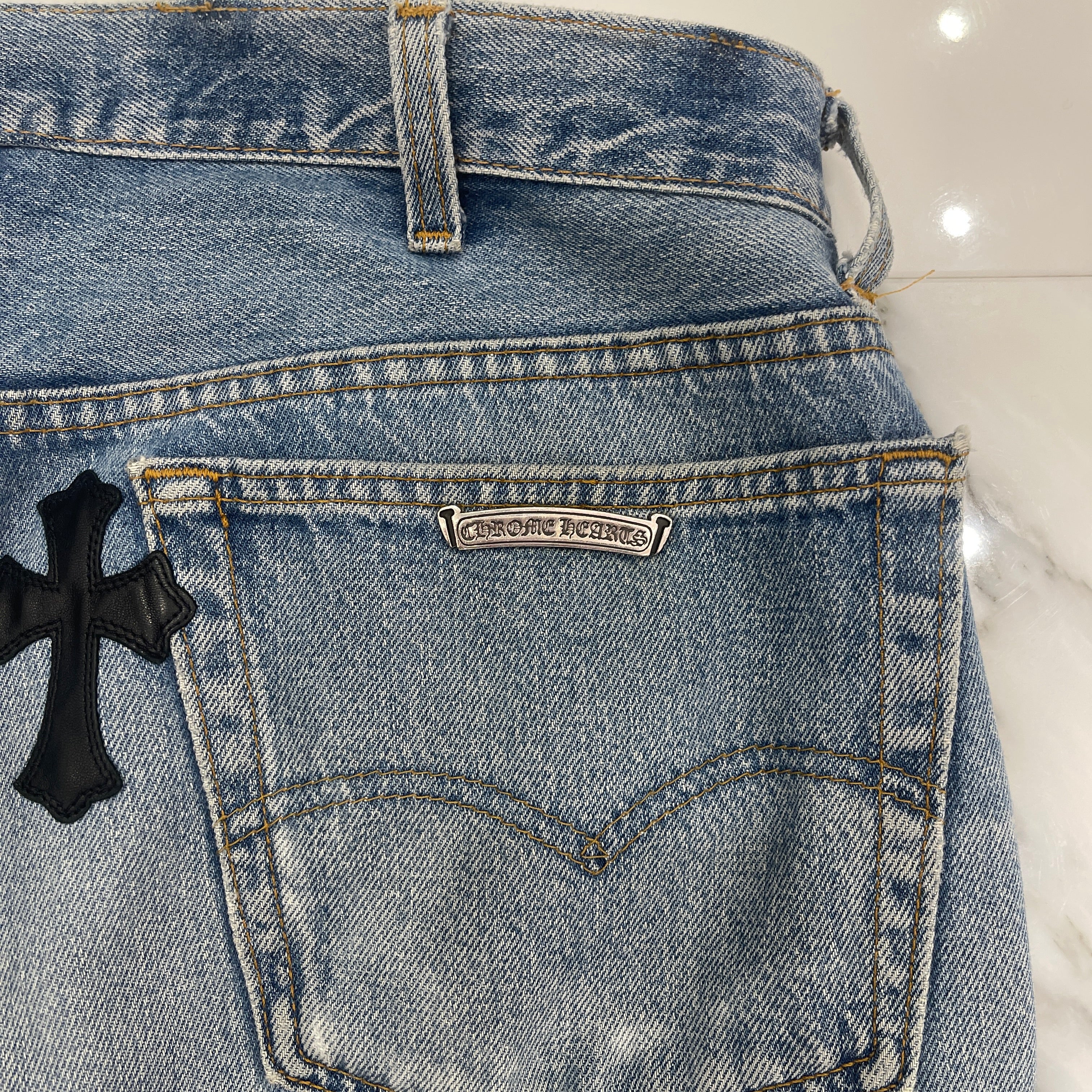 CHROME HEARTS Cross Leather Patch Denim Pants Size 36 クロムハーツ クロスレザーパッチ デニムパンツ サイズ36