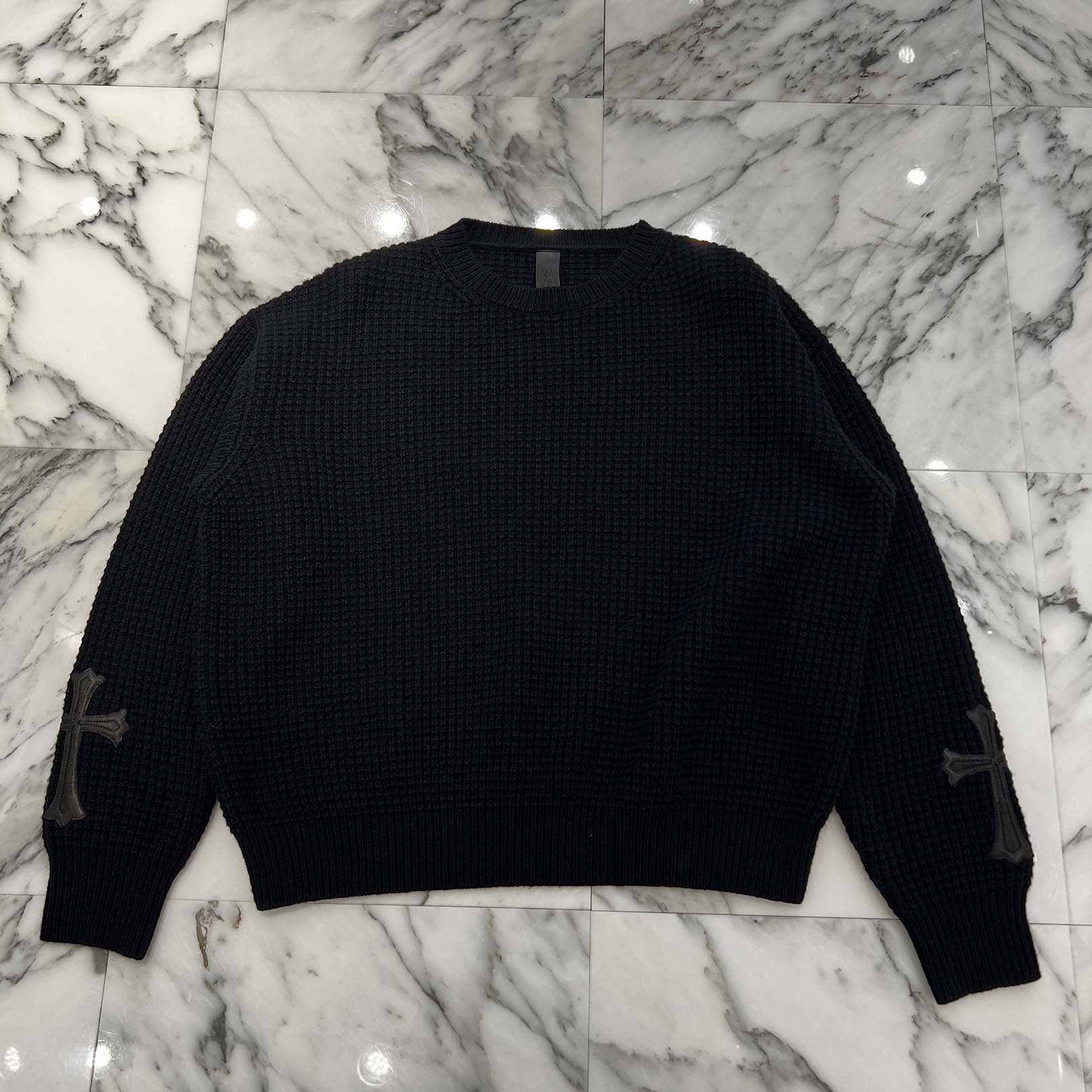 CHROME HEARTS Y NOT Cross Leather Patch Cashmere Knit Sweater Size