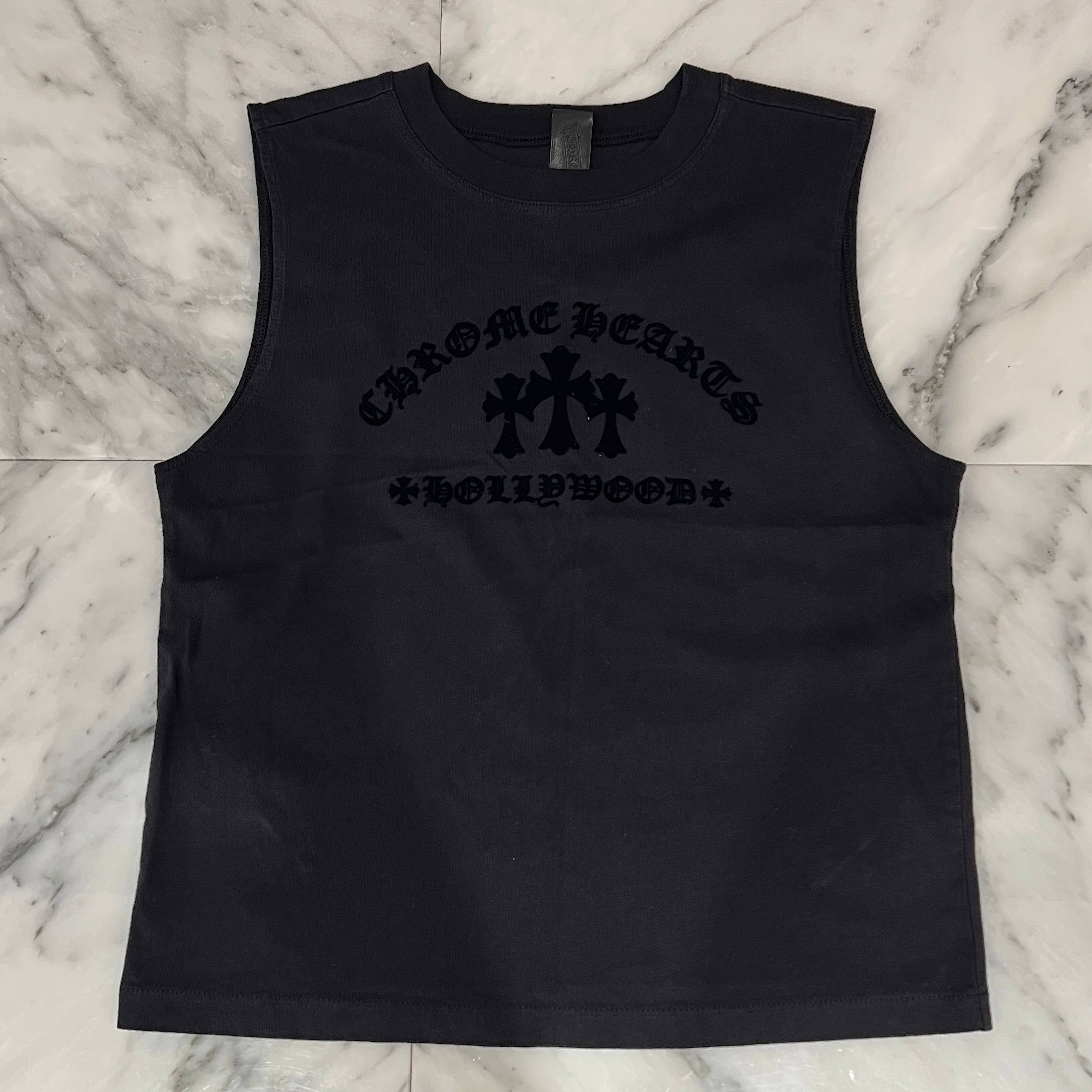 CHROME HEARTS Y NOT King Taco 3 Cemetery Cross Flock Print Sleeveless Tee Size S クロムハーツ ワイノット キングタコ 3 セメタリークロス フロッキープリント ノースリーブシャツ サイズS