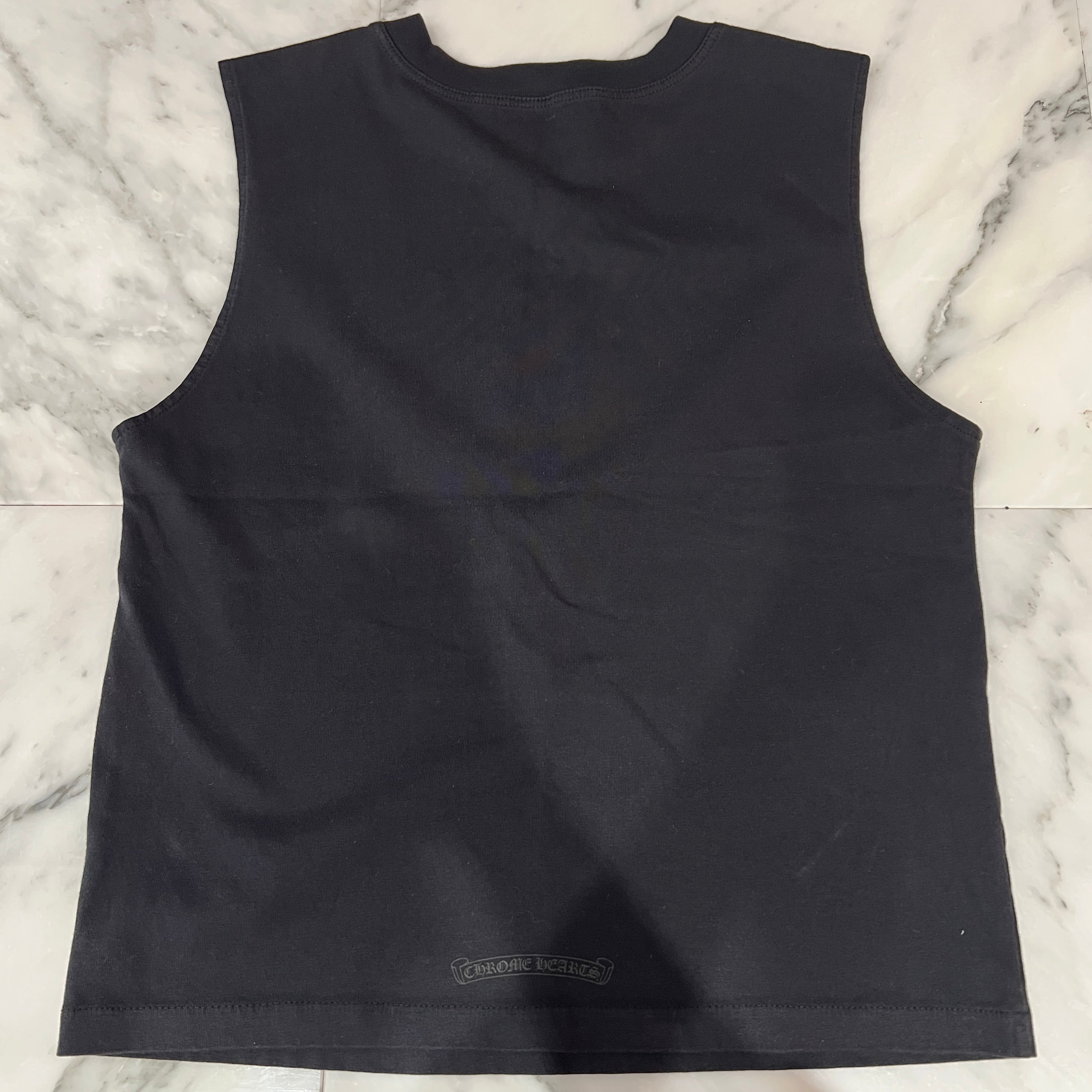 【未使用品】　CHROME HEARTS ブラックノースリーブシャツ　Sサイズ CHROME HEARTS Y NOT King Taco 3 Cemetery Cross Flock Print